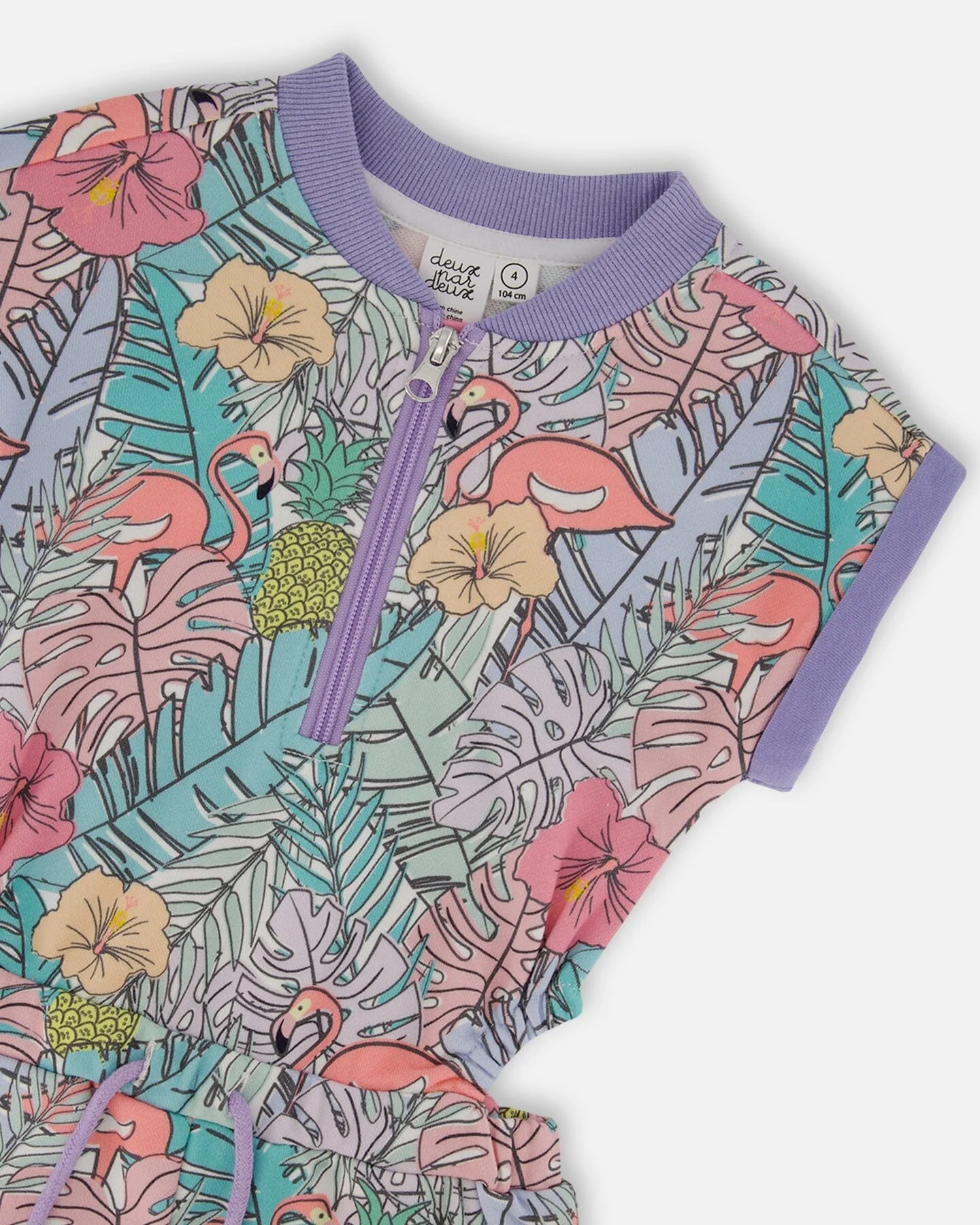 Printed French Terry Romper Lilac Tropical And Pink Flamingos - Deux par Deux