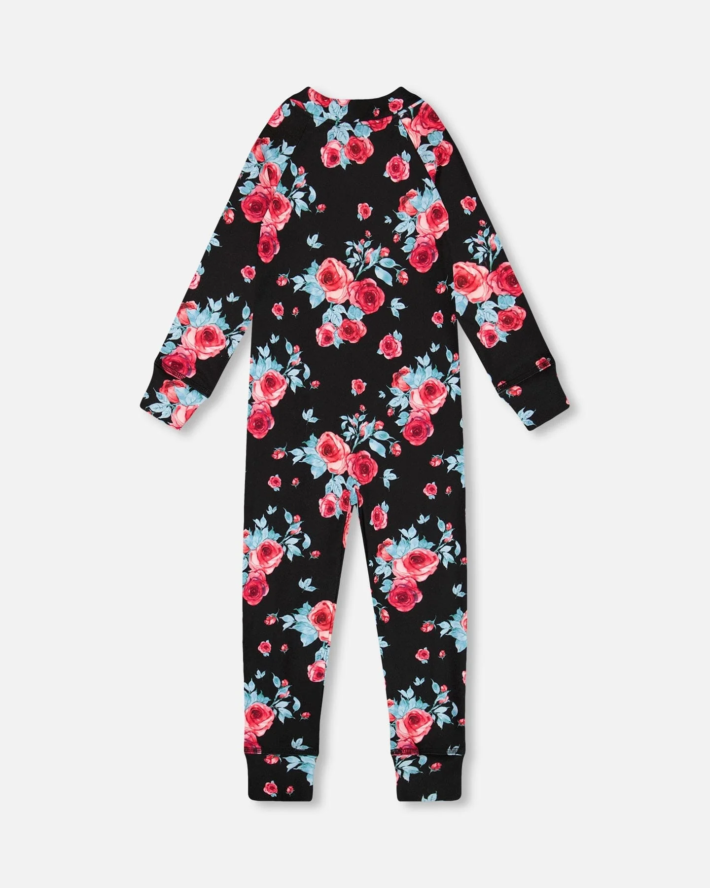 One Piece Thermal Underwear Black Printed Roses - Deux par Deux