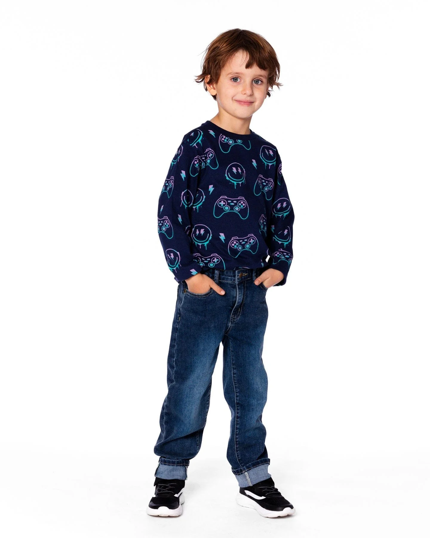 Long Sleeve Organic Cotton Allover Print Tee Navy Blue - Deux par Deux