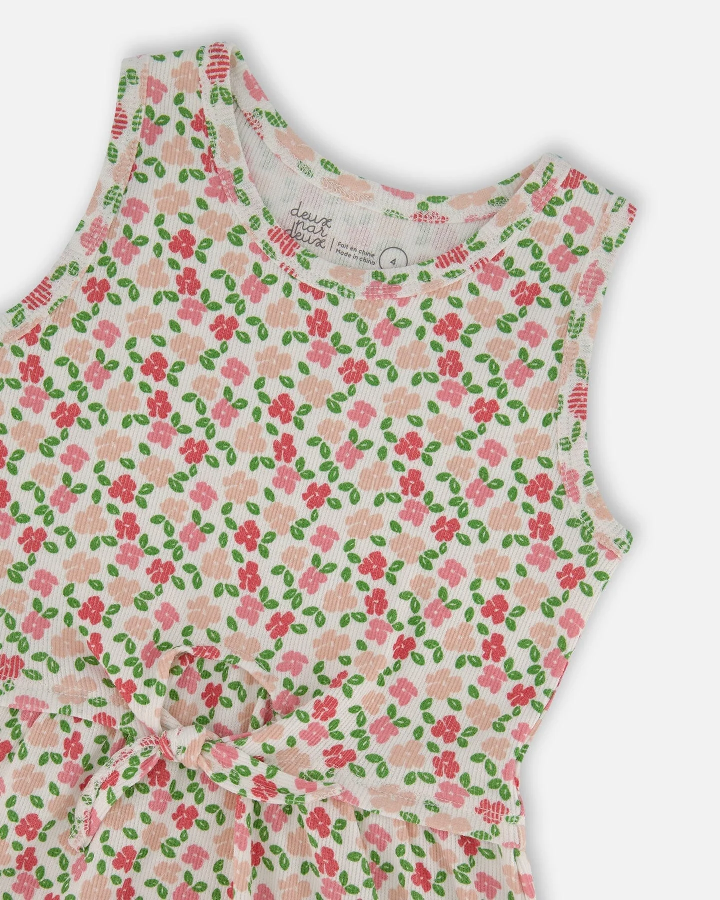 Printed Ribbed Dress With Waist Tie Small Flowers On White Background - Deux par Deux