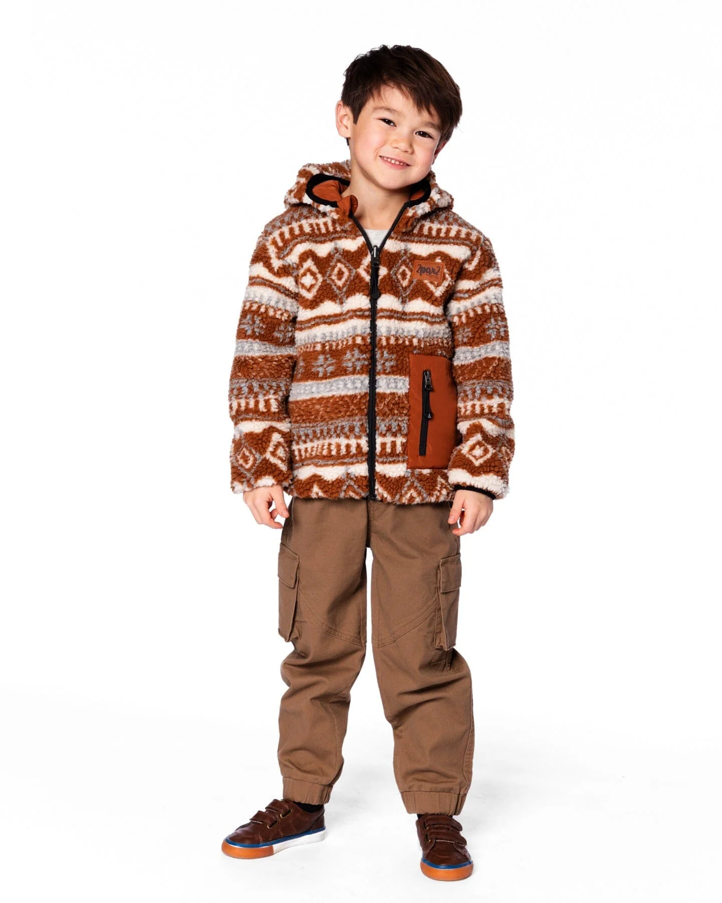 Reversible Mid-Season Sherpa Jacket Brown Aztec Pattern - Deux par Deux