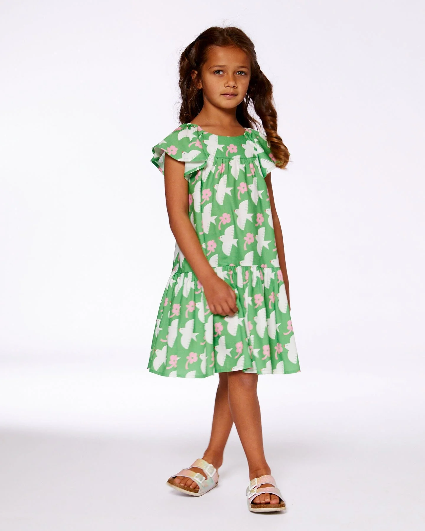 Printed Dress With Flounce Sleeves Green With White And Pink Bird - Deux par Deux