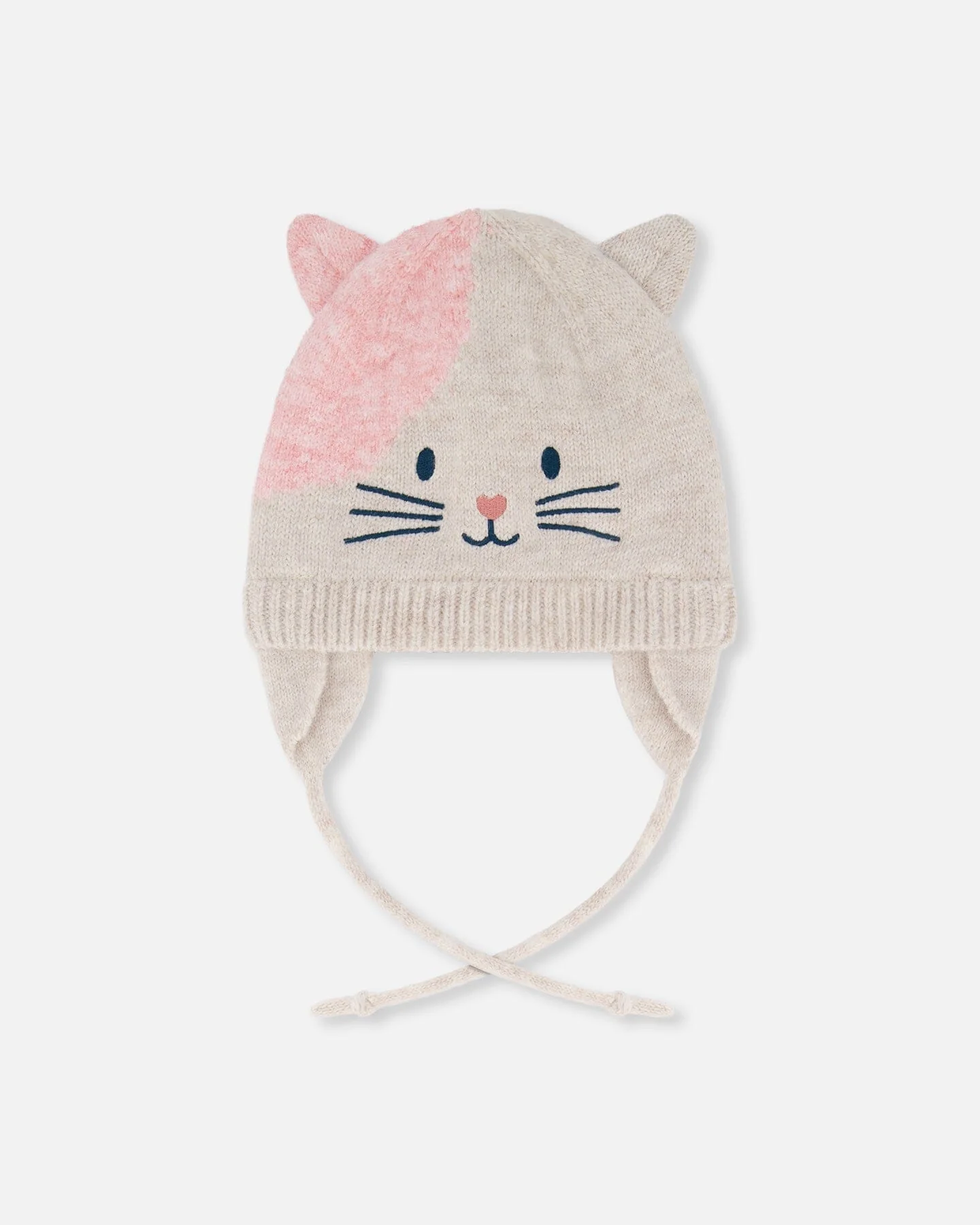 Lined Knit Hat With Ears Off-White And Pink - Deux par Deux