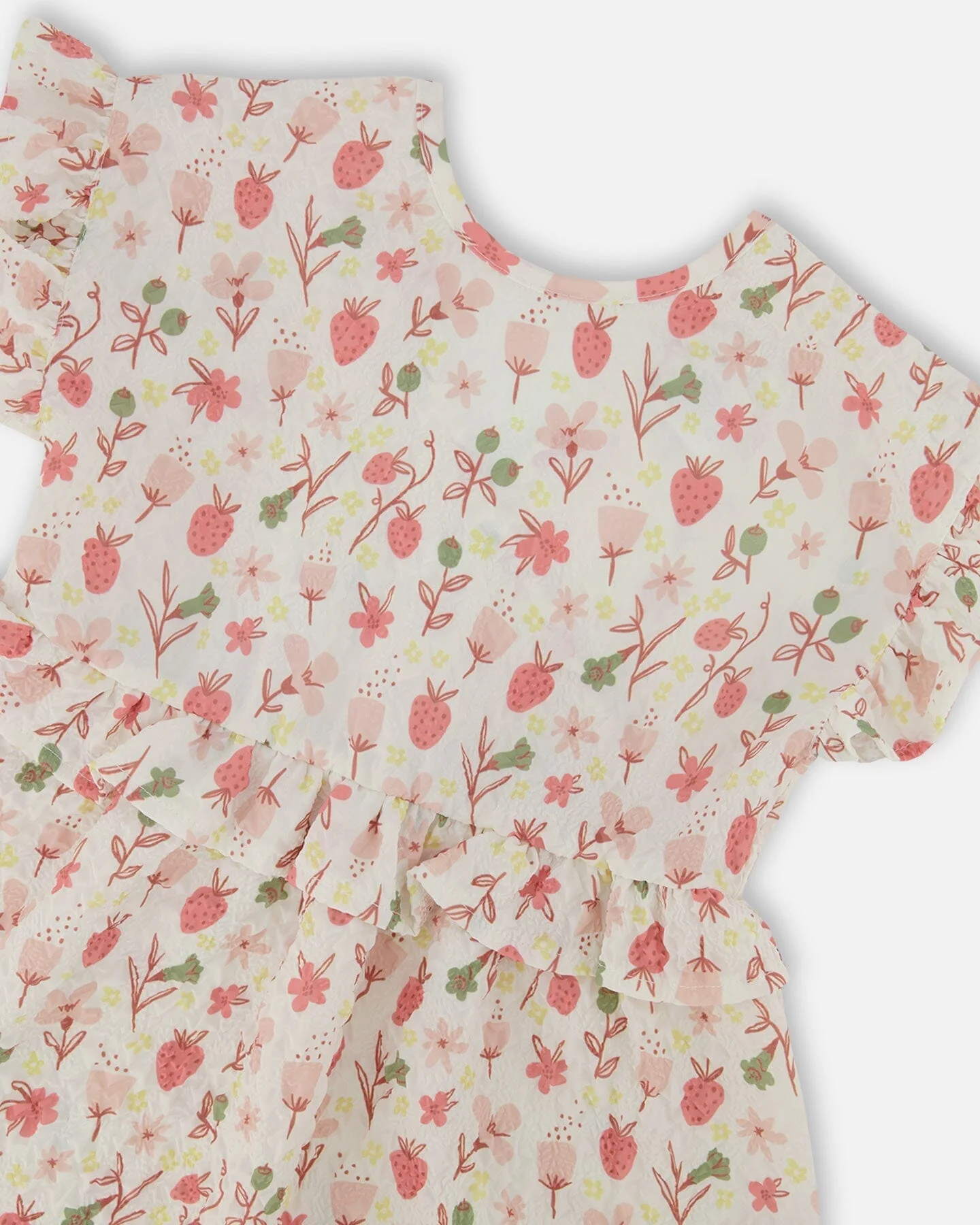 Printed Seersucker Dress With Frill Pink Flowers On Cream Background - Deux par Deux