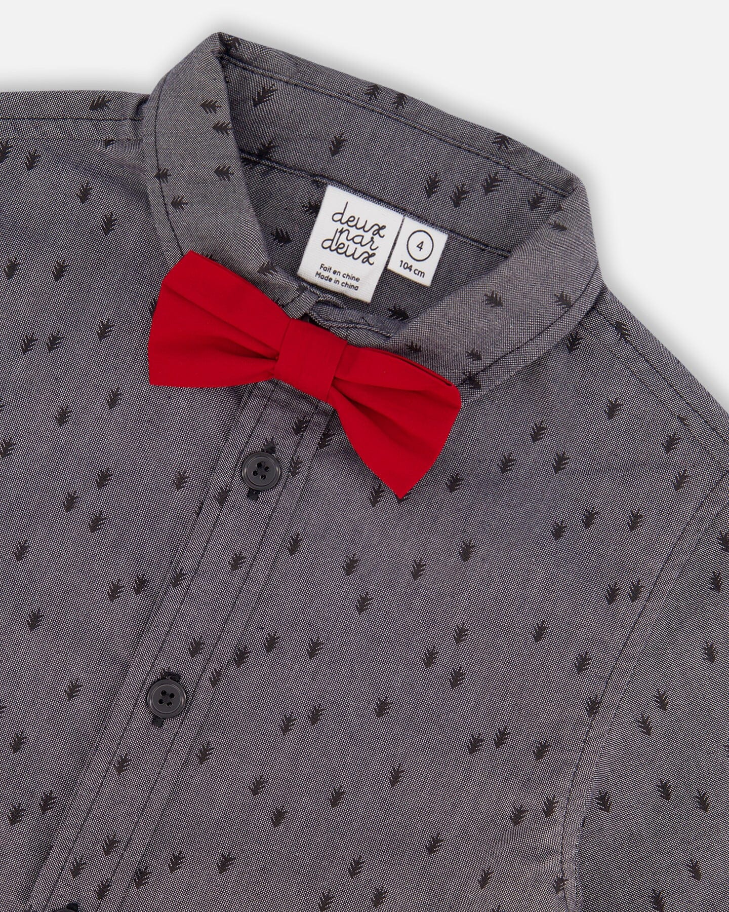 Printed Pine Chambray Shirt With Bow Tie Gray - Deux par Deux