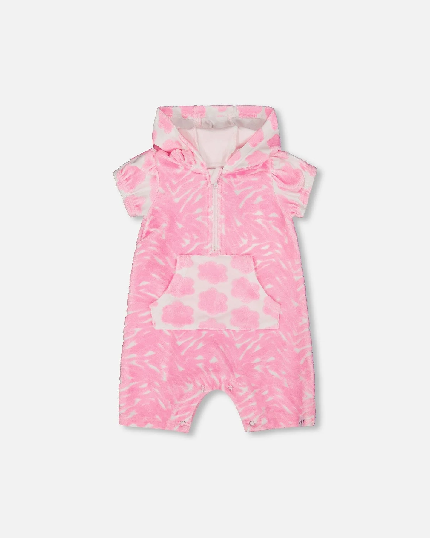 Printed Terry Romper With Hood Vibrant Pink And White - Deux par Deux