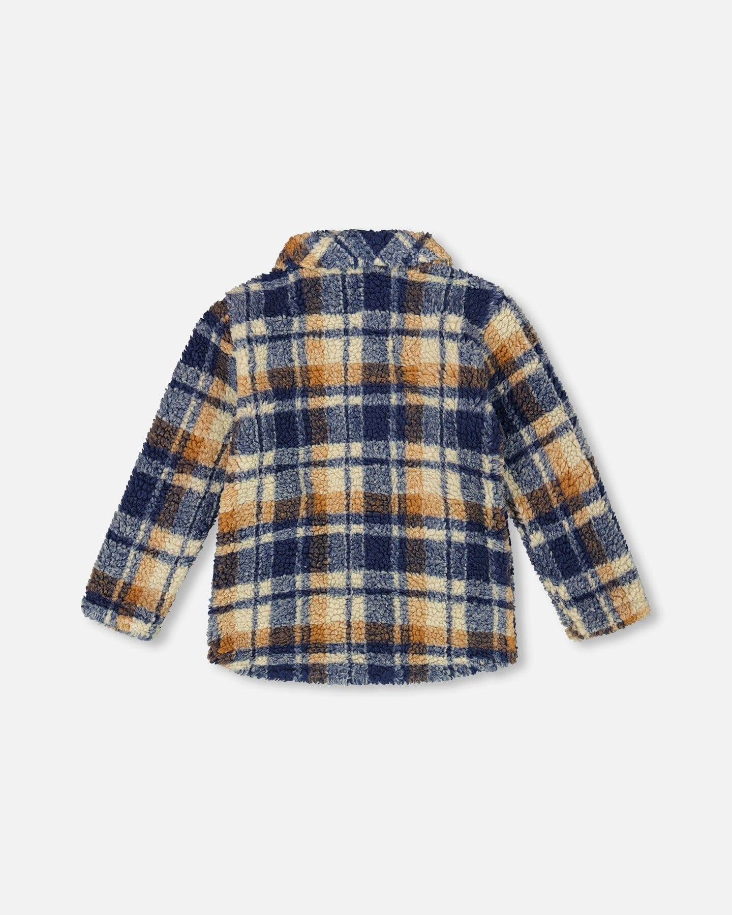 Sherpa Long Sleeve Zip Front Overshirt Blue And Brown Plaid - Deux par Deux