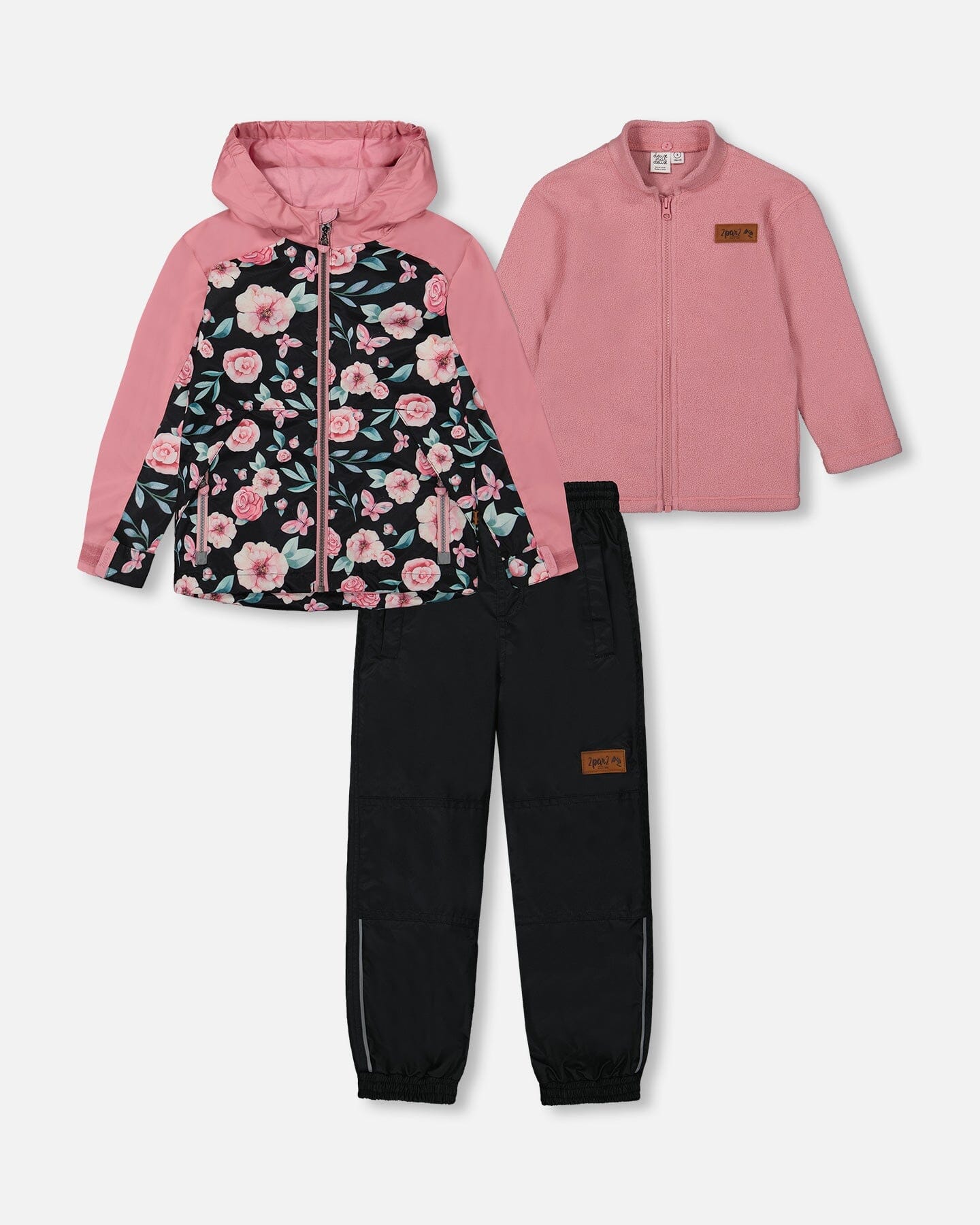 3-In-1 Mid-Season Outerwear Set With Printed Jacket Pink, Black, And Flowers - Deux par Deux