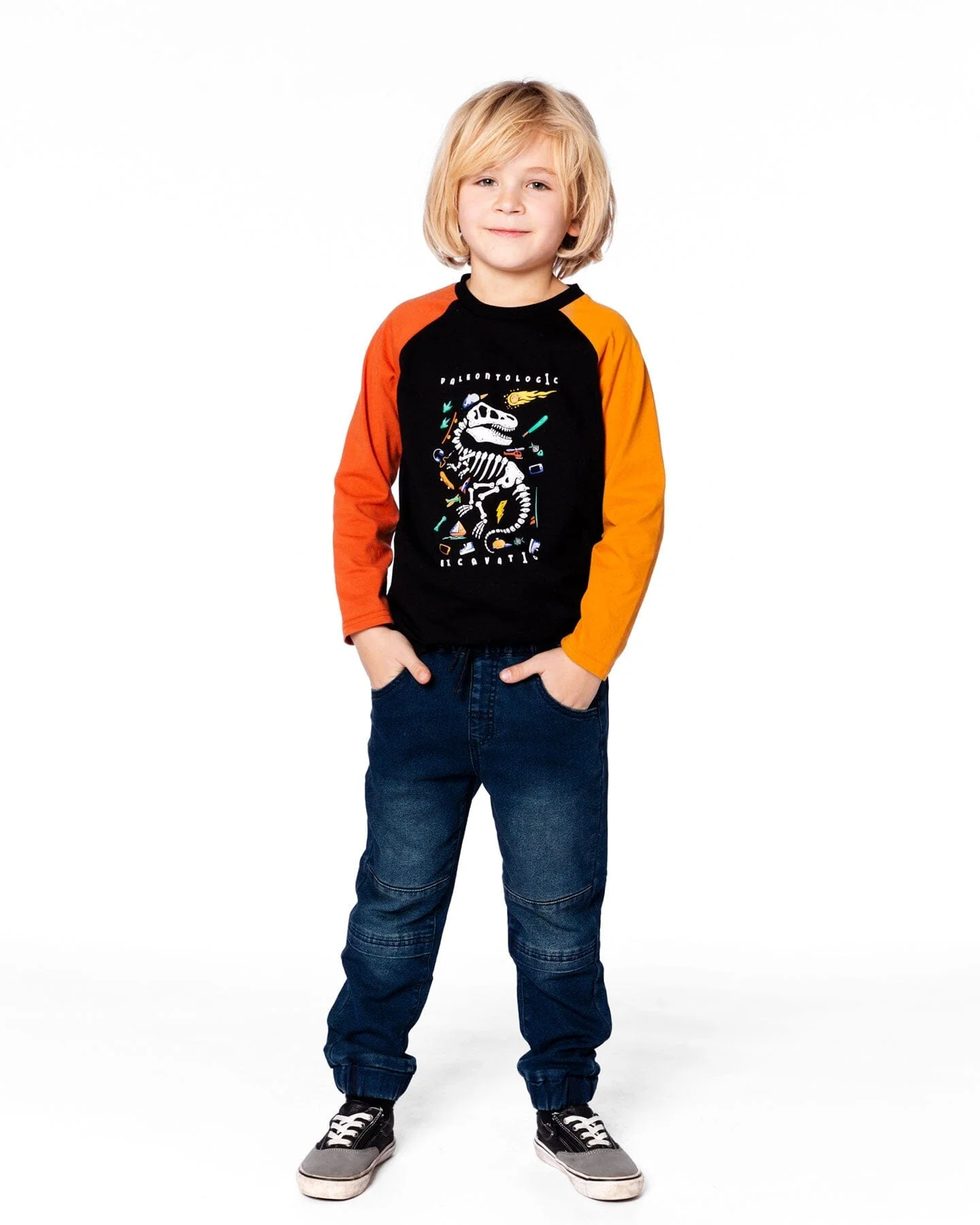 Black Long Sleeve Raglan T-Shirt With Glow-In-The-Dark Dinosaur Print - Deux par Deux