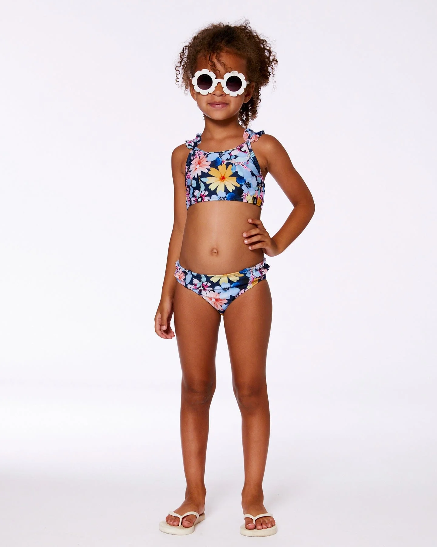 Printed Two-Piece Swimsuit Navy And Yellow And Pink Flowers - Deux par Deux