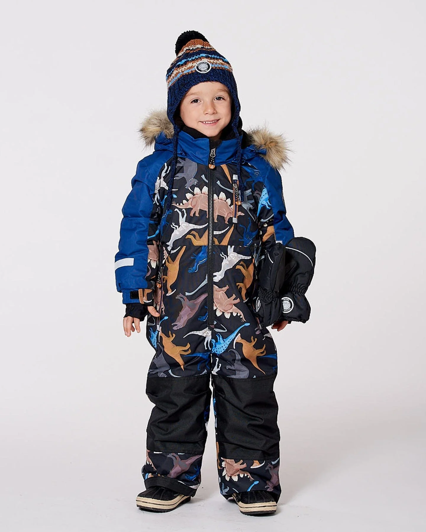One-Piece Play Snowsuit Black Dinosaur Print - Deux par Deux