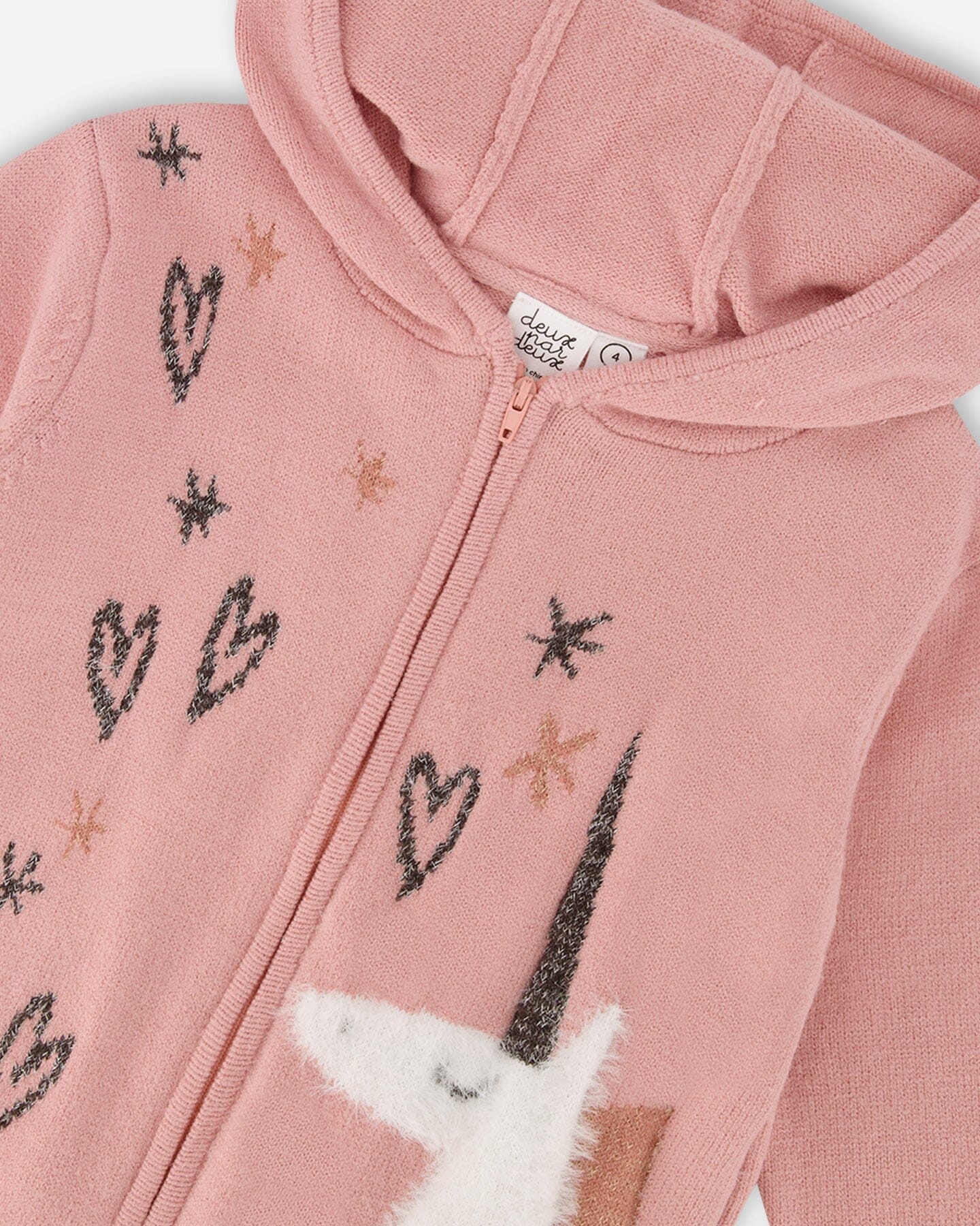 Hooded Knit Cardigan Dusty Pink With Unicorn Intarsia - Deux par Deux