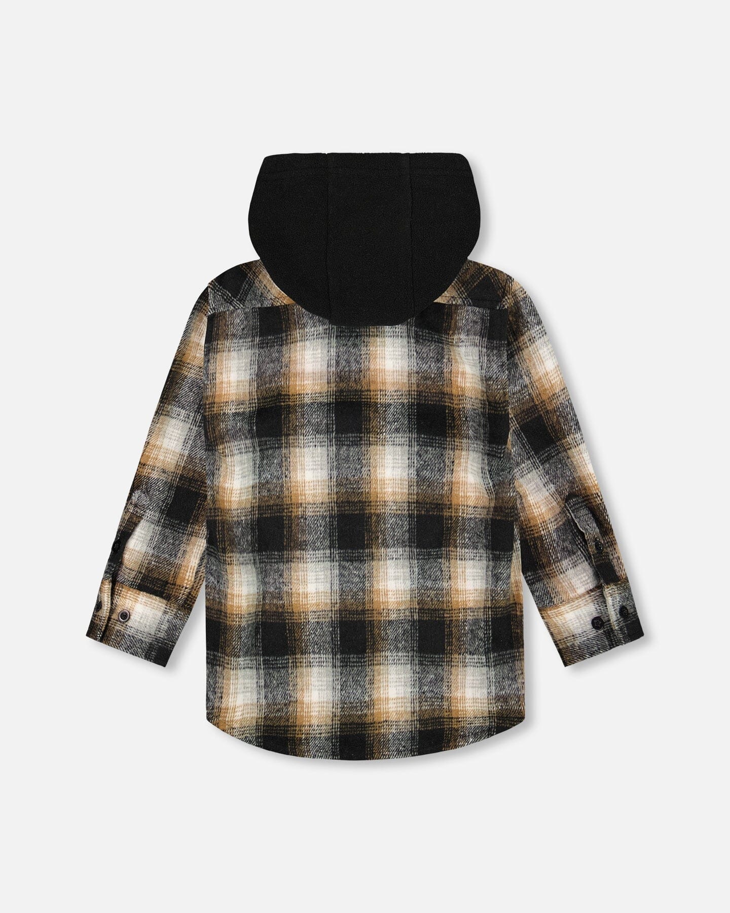 Hooded Polar Fleece Overshirt With Hood Black And Brown Plaid - Deux par Deux