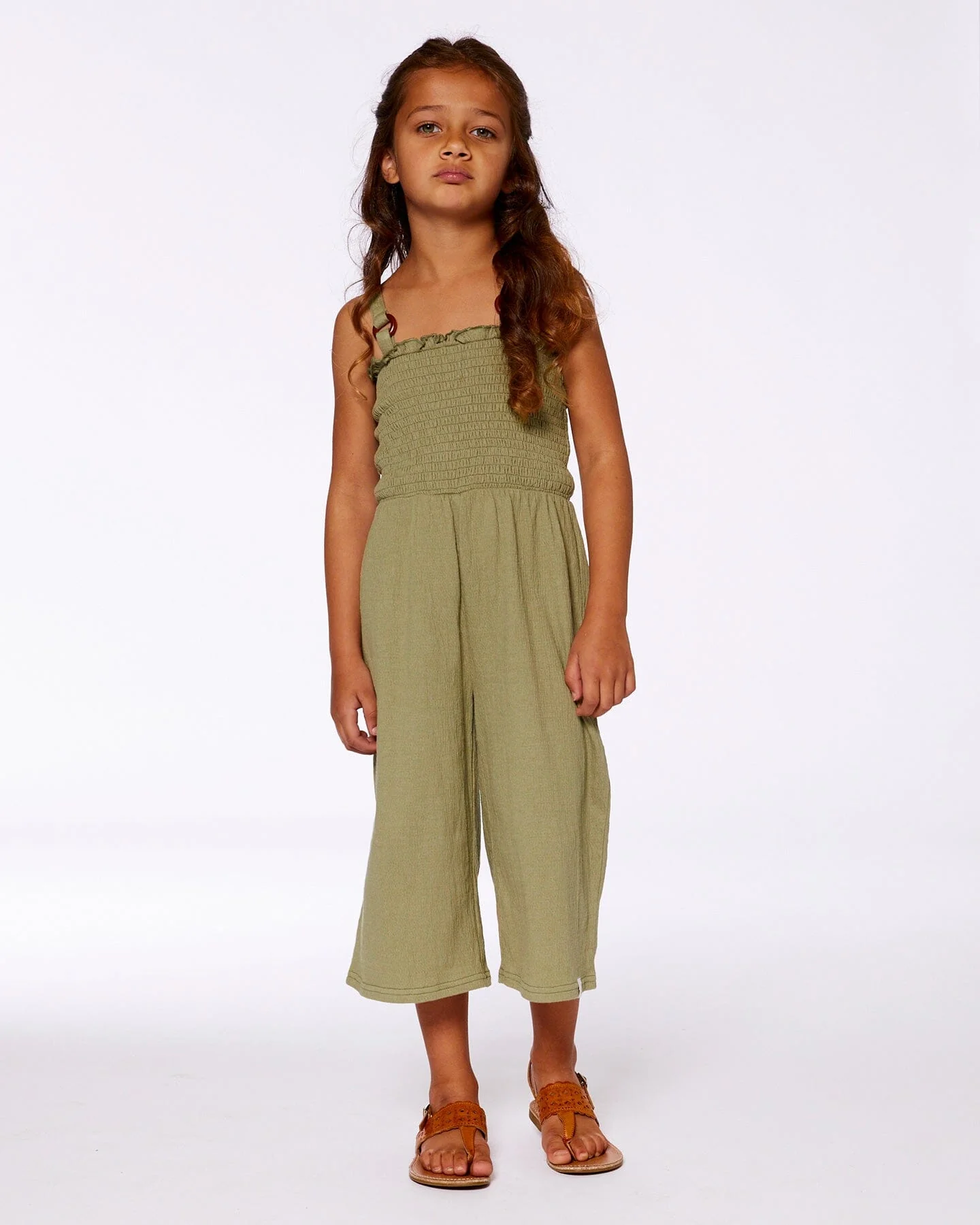 Smocked Crinkle Jersey Jumpsuit Olive Green - Deux par Deux