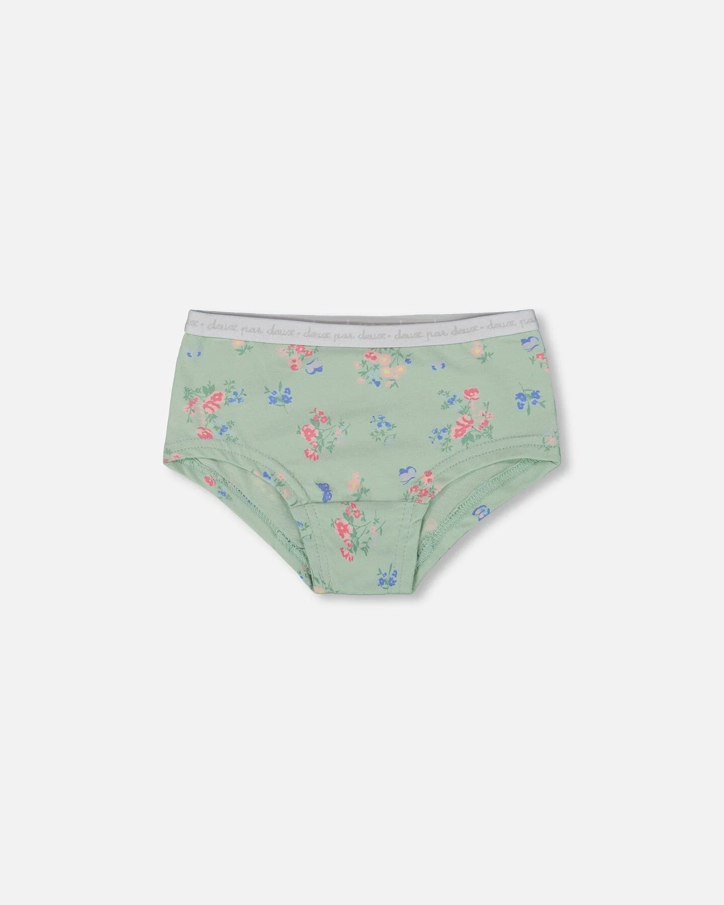 Printed Organic Cotton Boyshort Panty Small Pink And Blue Flowers On Light Sage - Deux par Deux