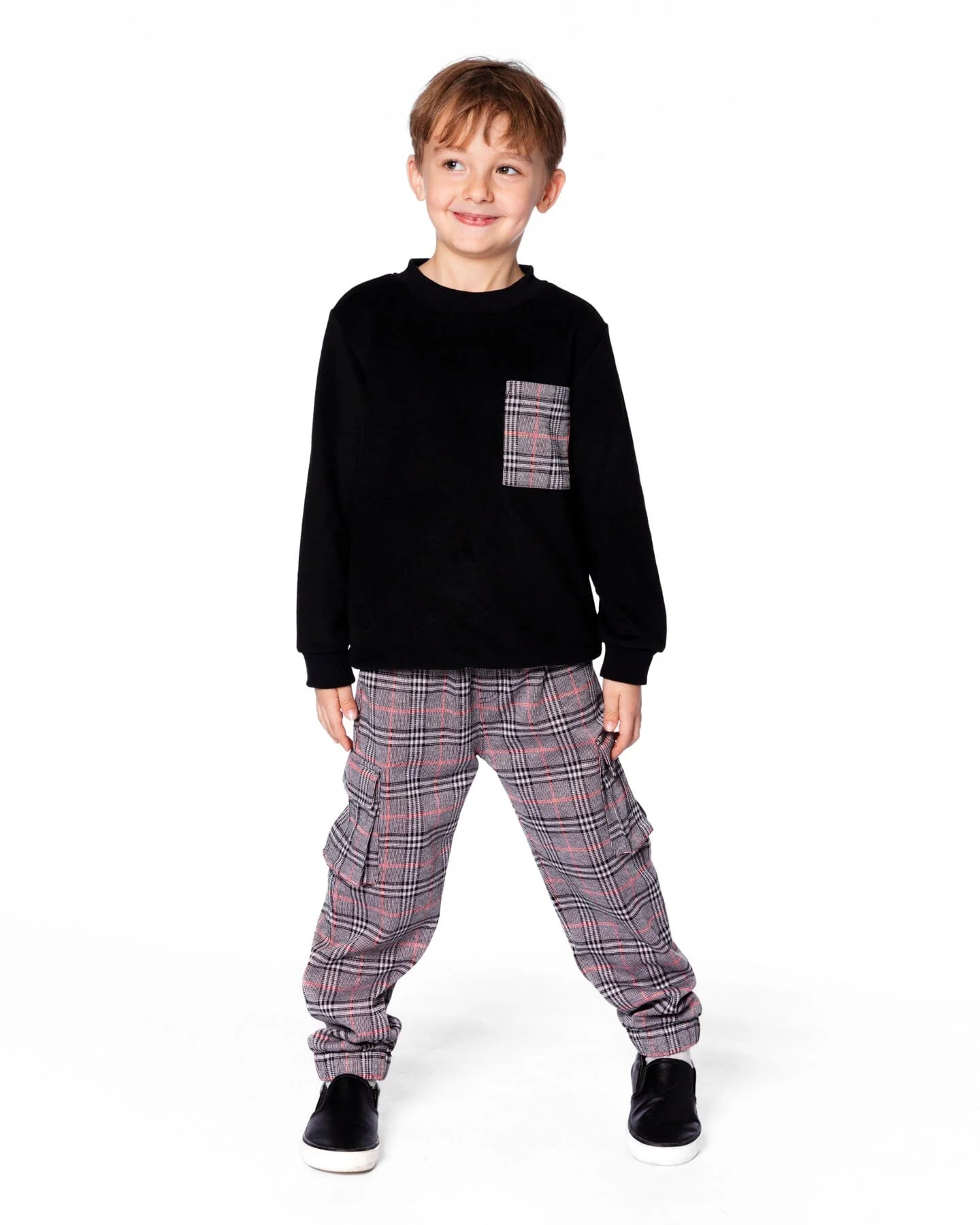 Super Soft Brushed Jersey Long Sleeve Top Black With Plaid Pocket - Deux par Deux