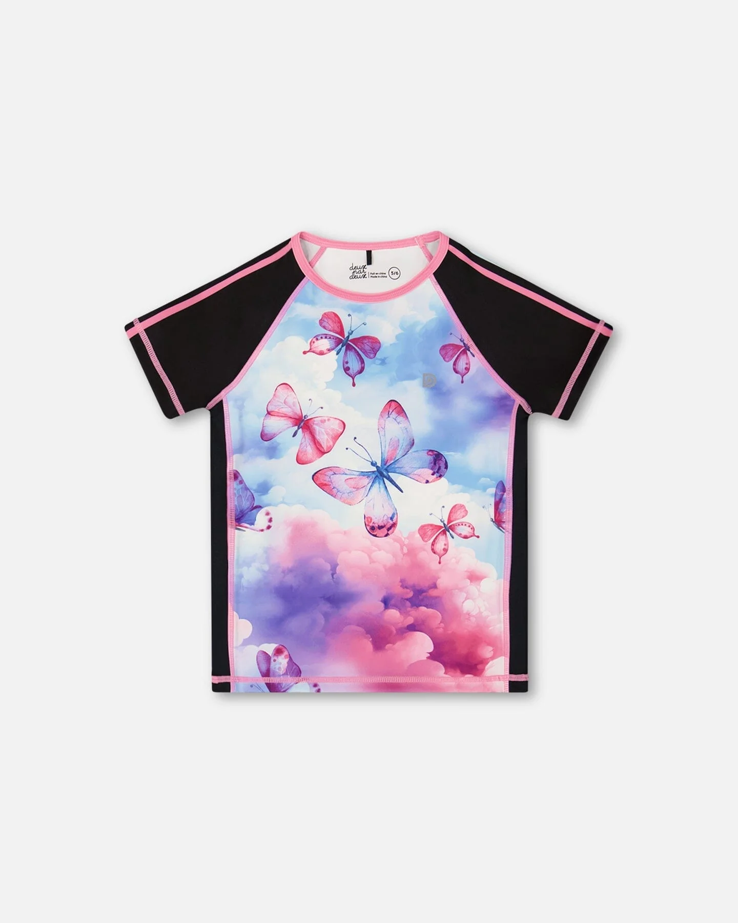 Printed Short Sleeve Athletic Top Pink, Black And Butterfly - Deux par Deux