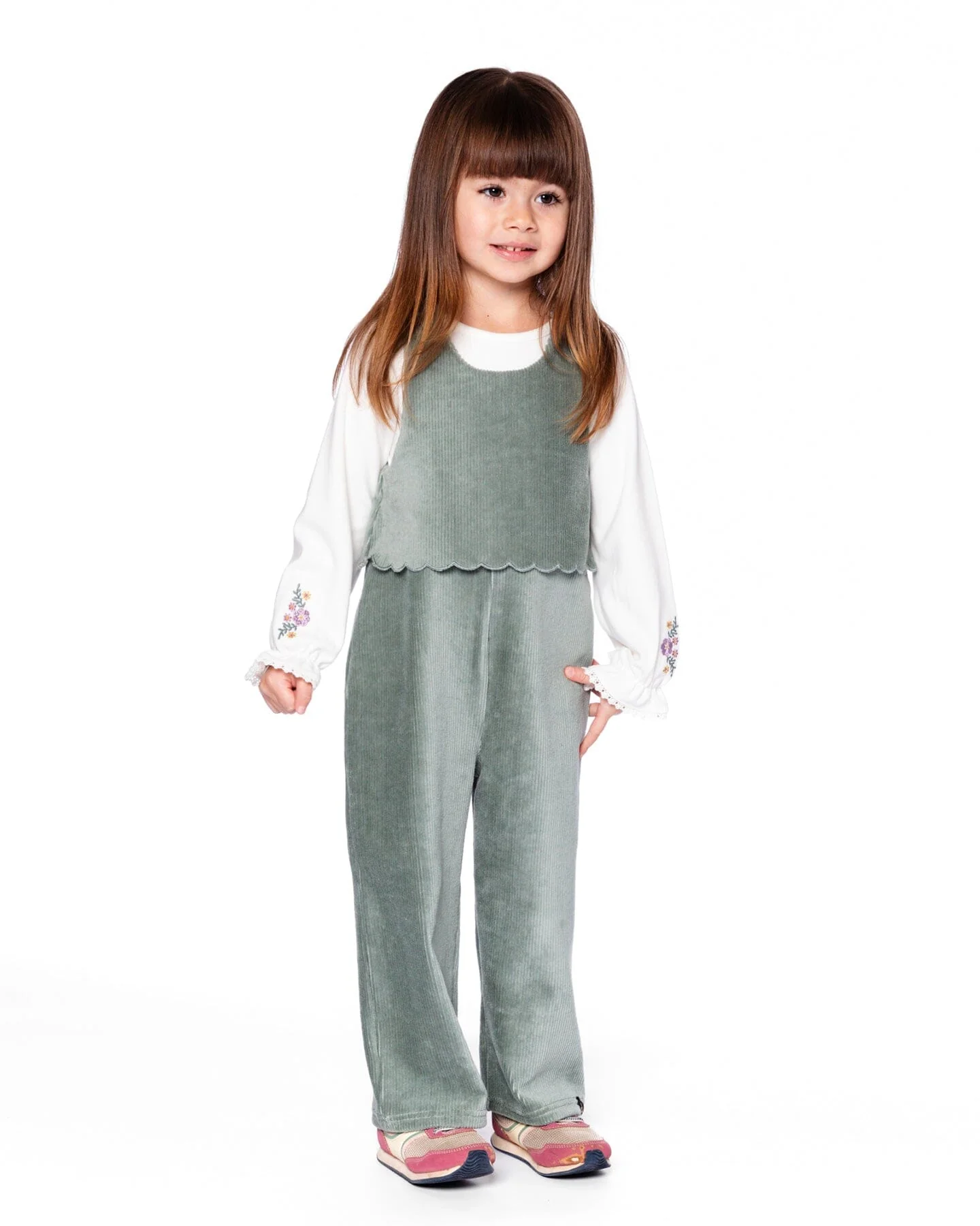 Stretch Velour Faux-Layered Overalls Jade Green - Deux par Deux