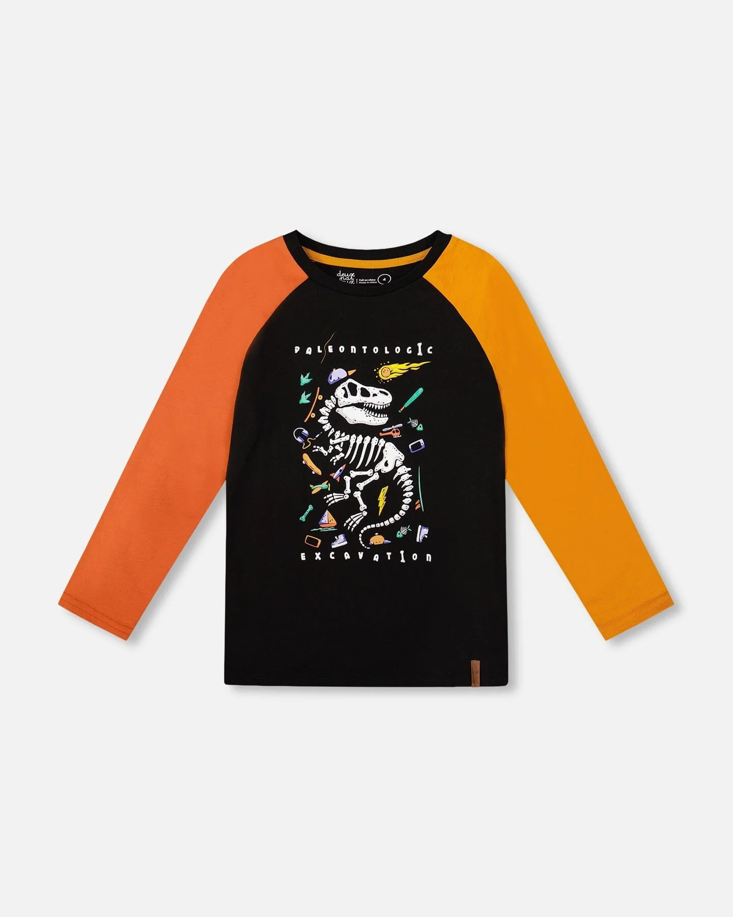 Black Long Sleeve Raglan T-Shirt With Glow-In-The-Dark Dinosaur Print - Deux par Deux