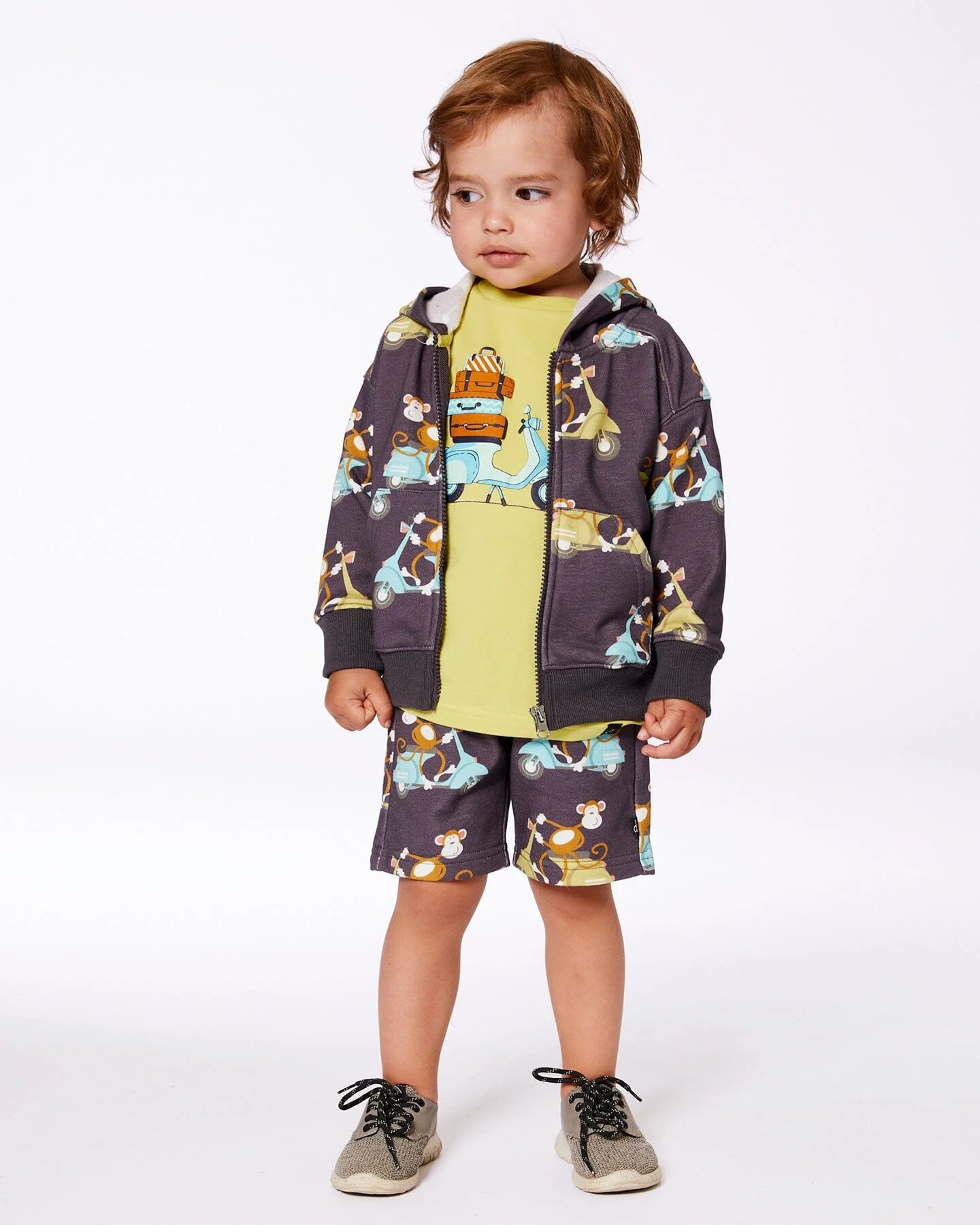 Printed French Terry Short Monkey On Navy Moped - Deux par Deux