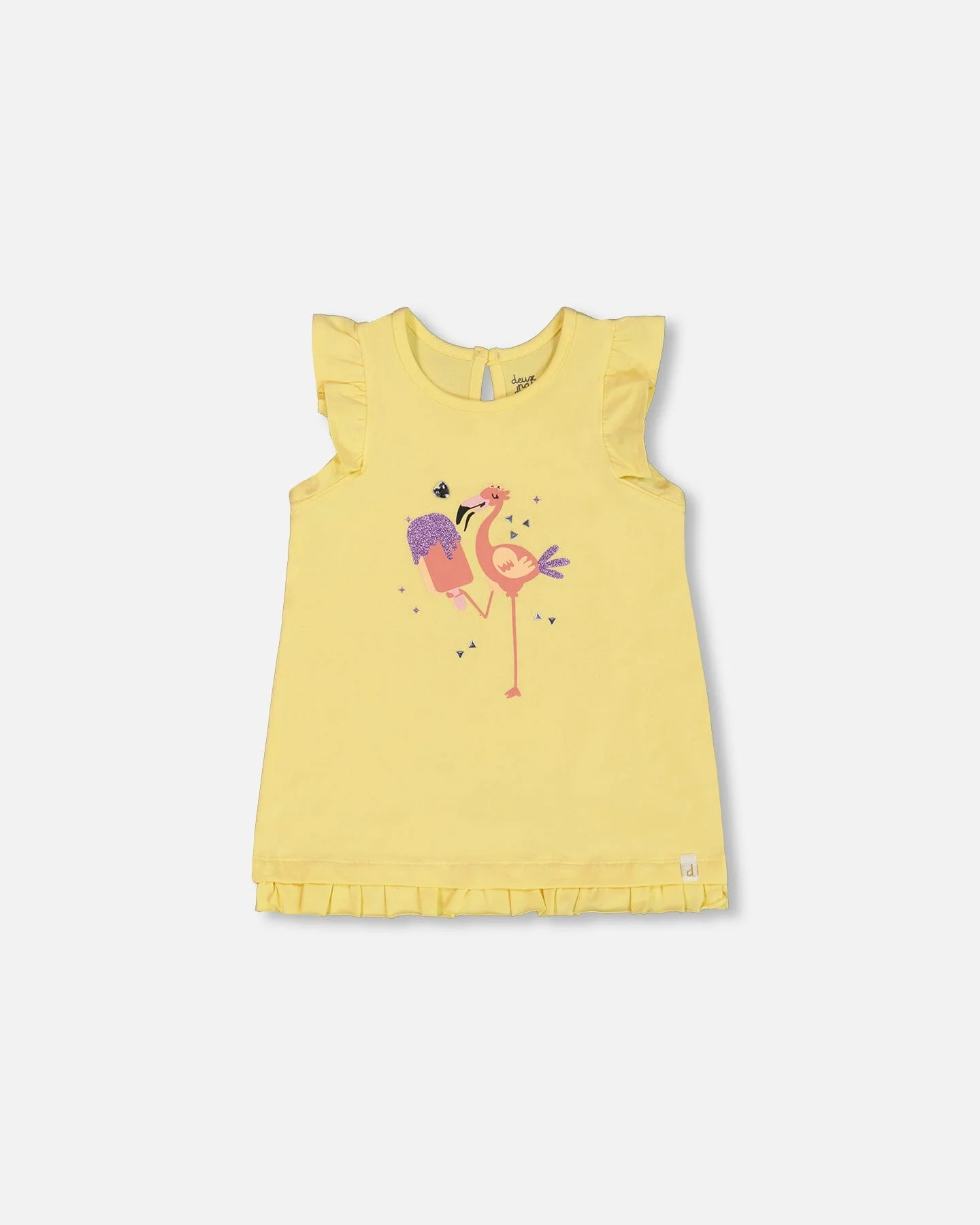 Organic Cotton Tunic With Frill And Print Yellow And Flamingo - Deux par Deux