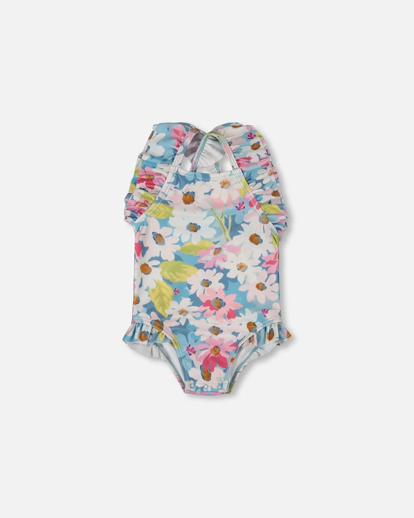 Printed One-Piece Swimsuit With Frills White, Pink, And Green Flowers - Deux par Deux
