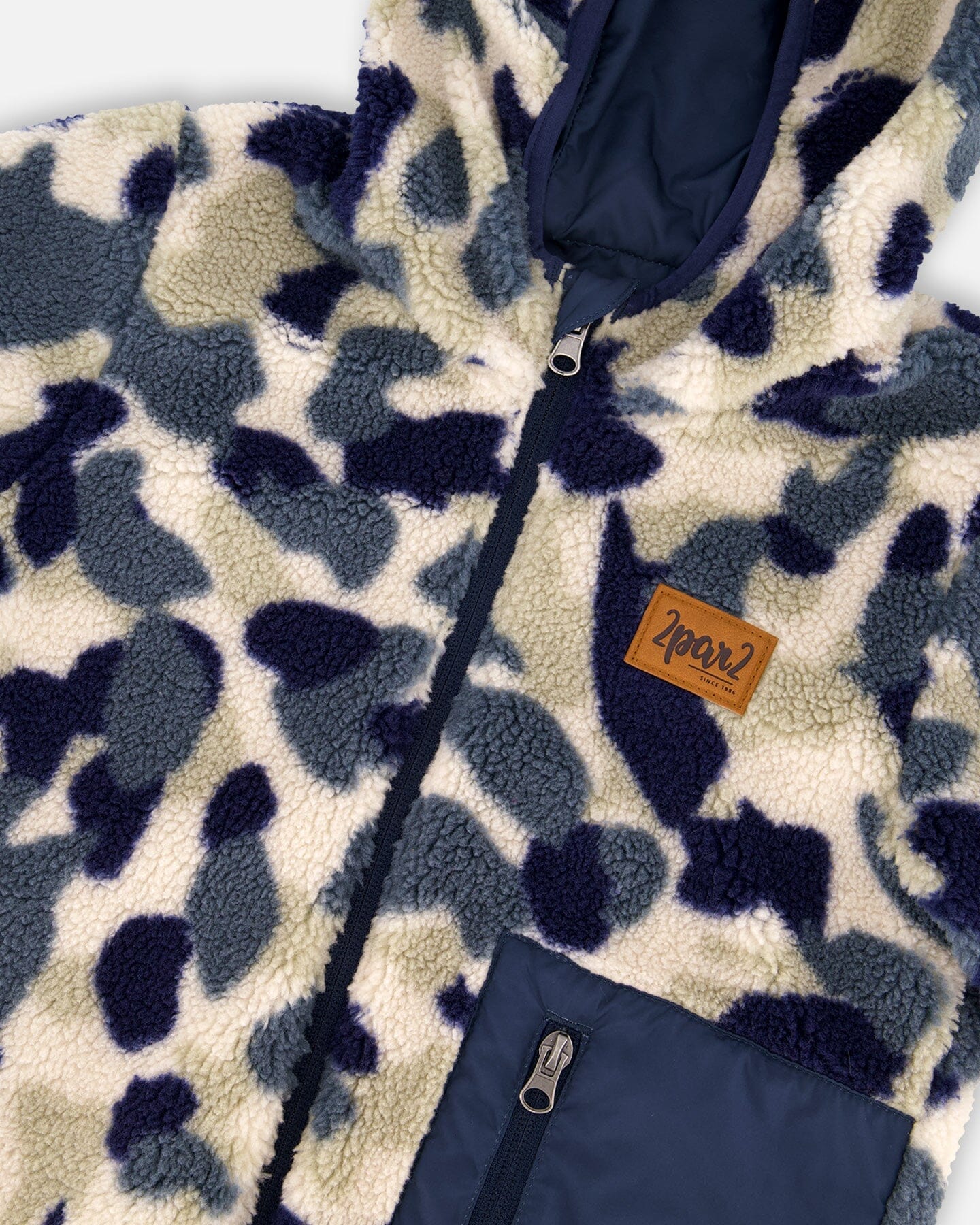 Reversible Mid-Season Sherpa Jacket Blue Camo - Deux par Deux