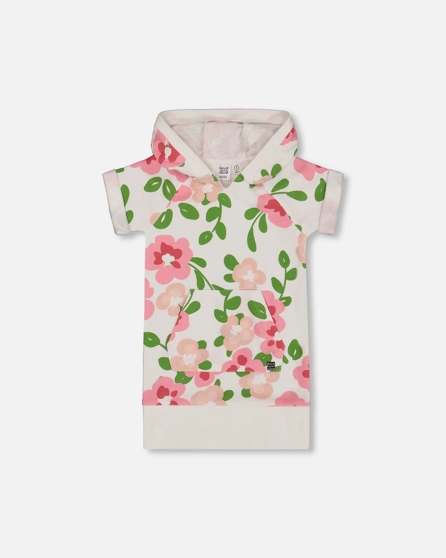 Printed French Terry Hooded Dress Pink Flowers On White Background - Deux par Deux