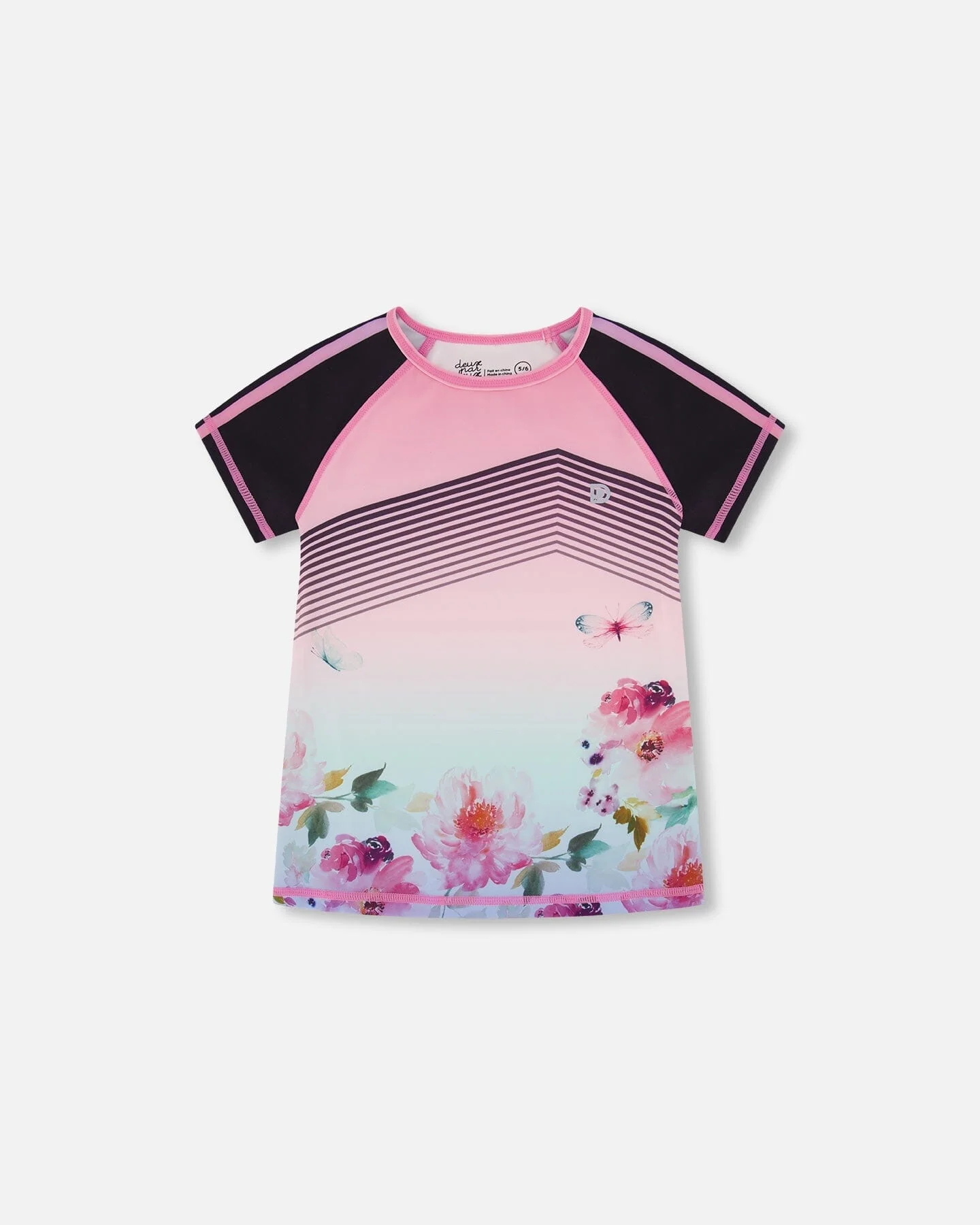 Short Sleeve Athletic Top Gradient Pink Printed Big Flowers - Deux par Deux