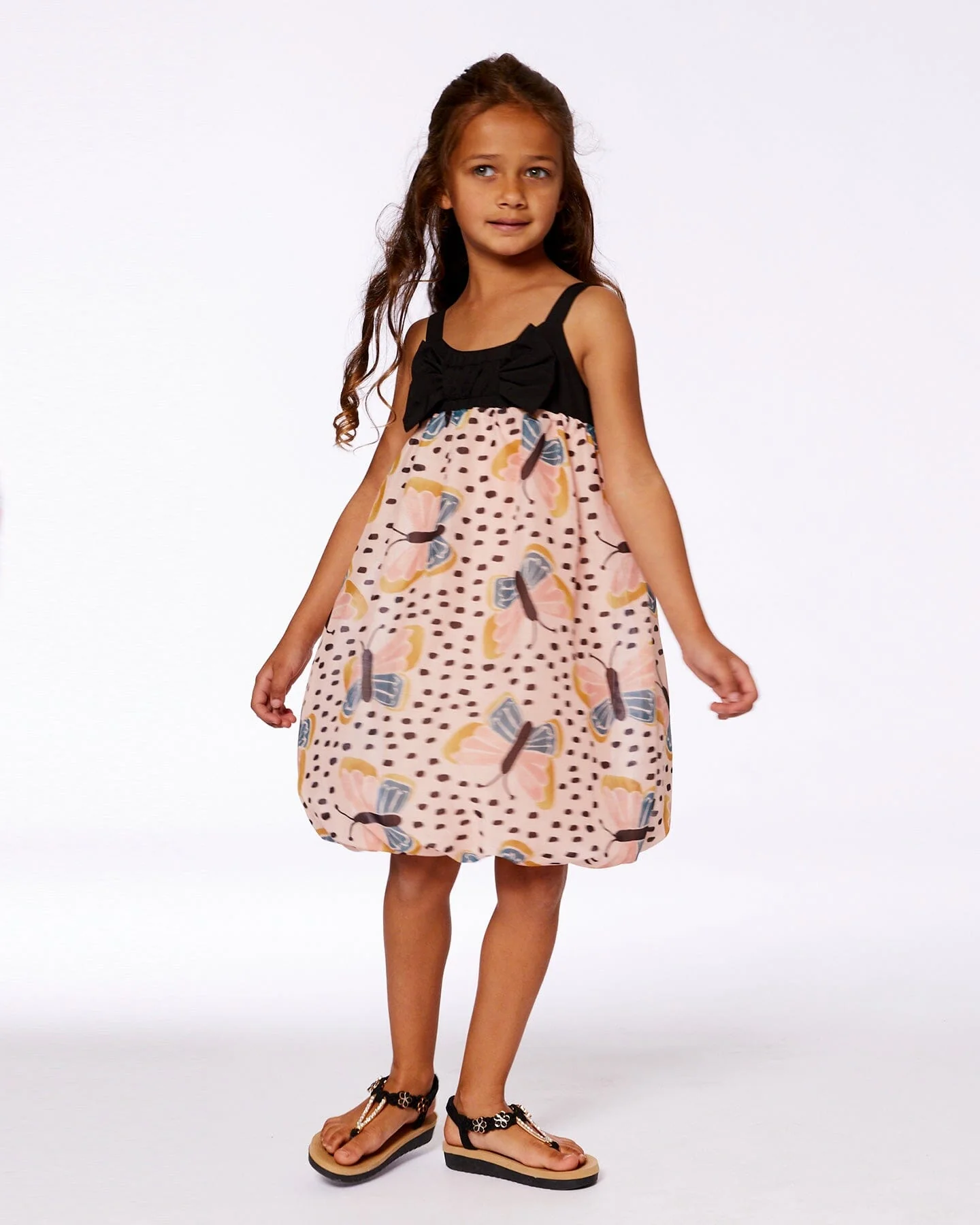 Printed Bubble Dress Black And Pink Butterflies - Deux par Deux