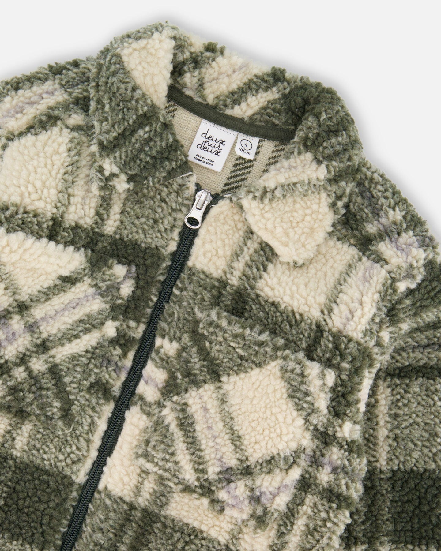 Sherpa Long Sleeve Zip Front Overshirt Sage And Beige Plaid - Deux par Deux