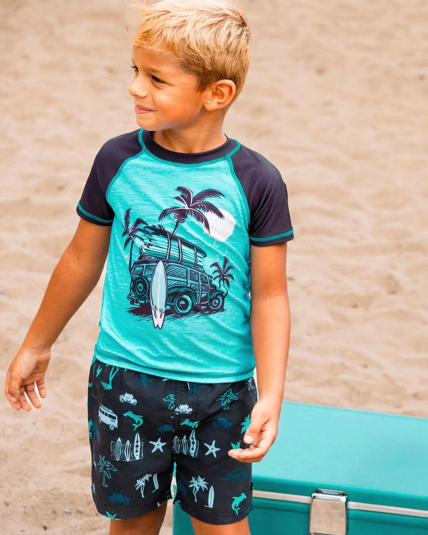 Printed Swim Trunks Light Blue Beach On Black - Deux par Deux