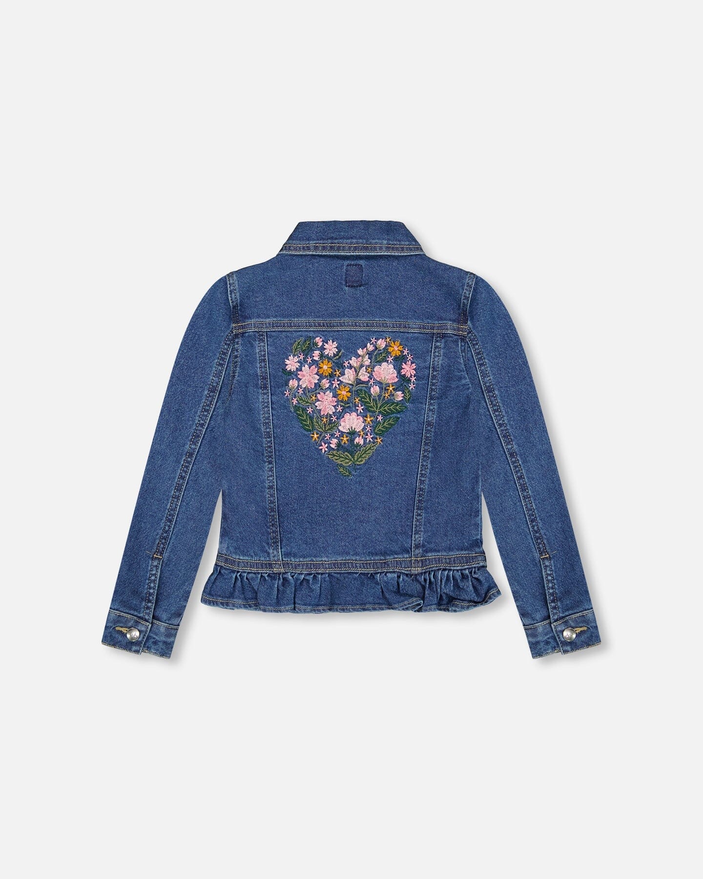 Denim Jacket Blue With Ruffle Hem And Floral Embroidery - Deux par Deux