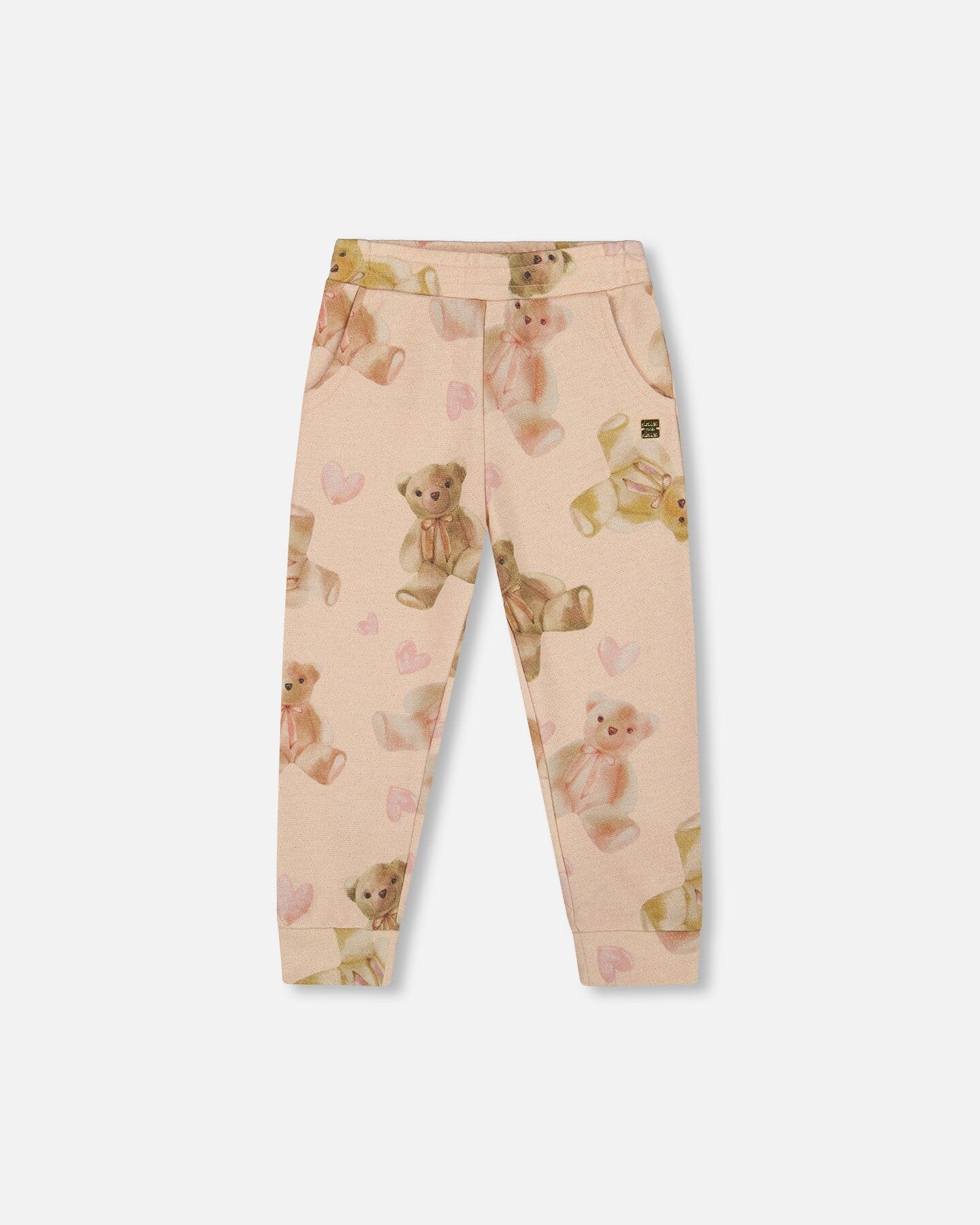 Glittering French Terry Sweatpants Beige Teddy Bear Print - Deux par Deux