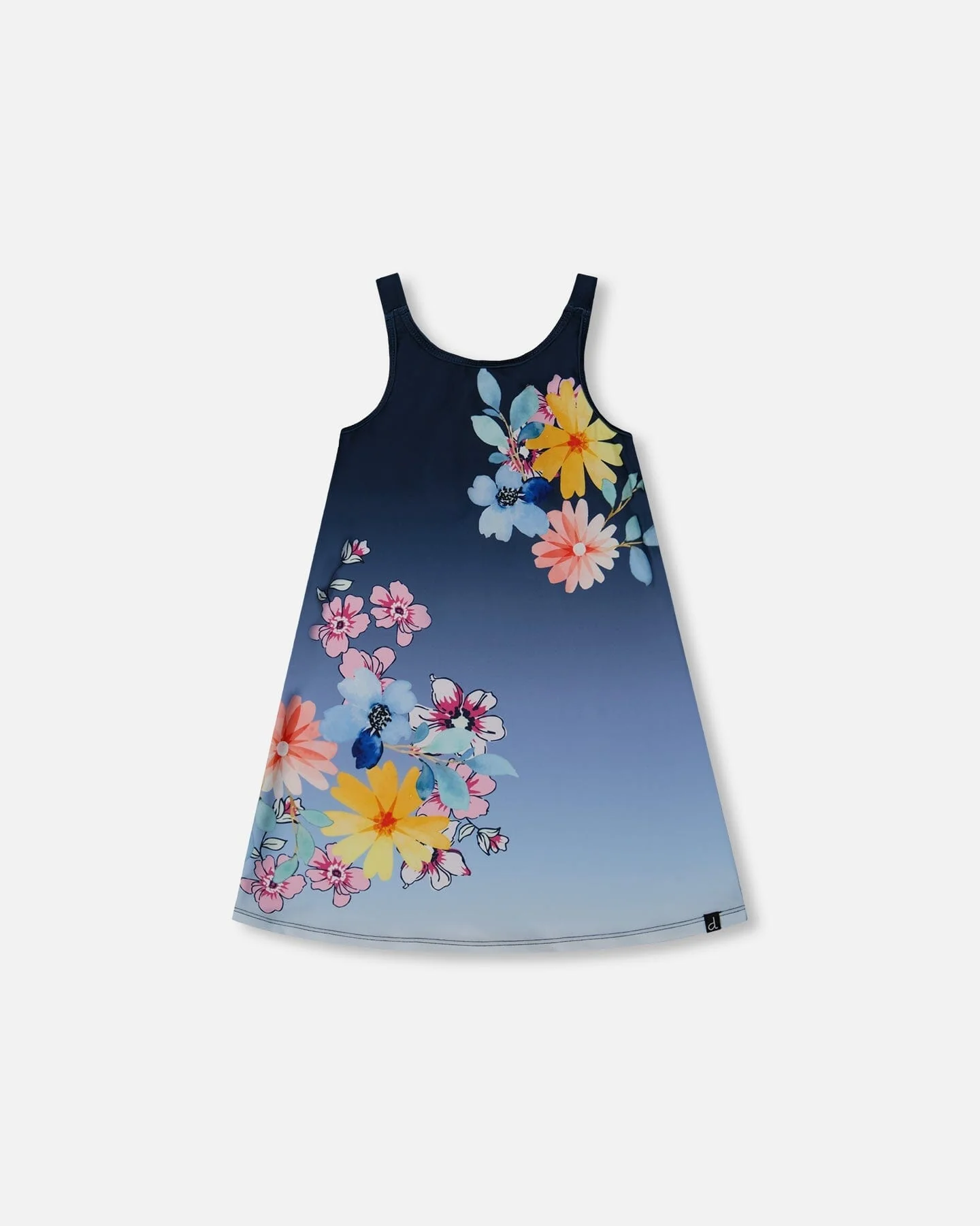 Printed Beach Dress Yellow, Pink Flowers On Navy Blue Background - Deux par Deux