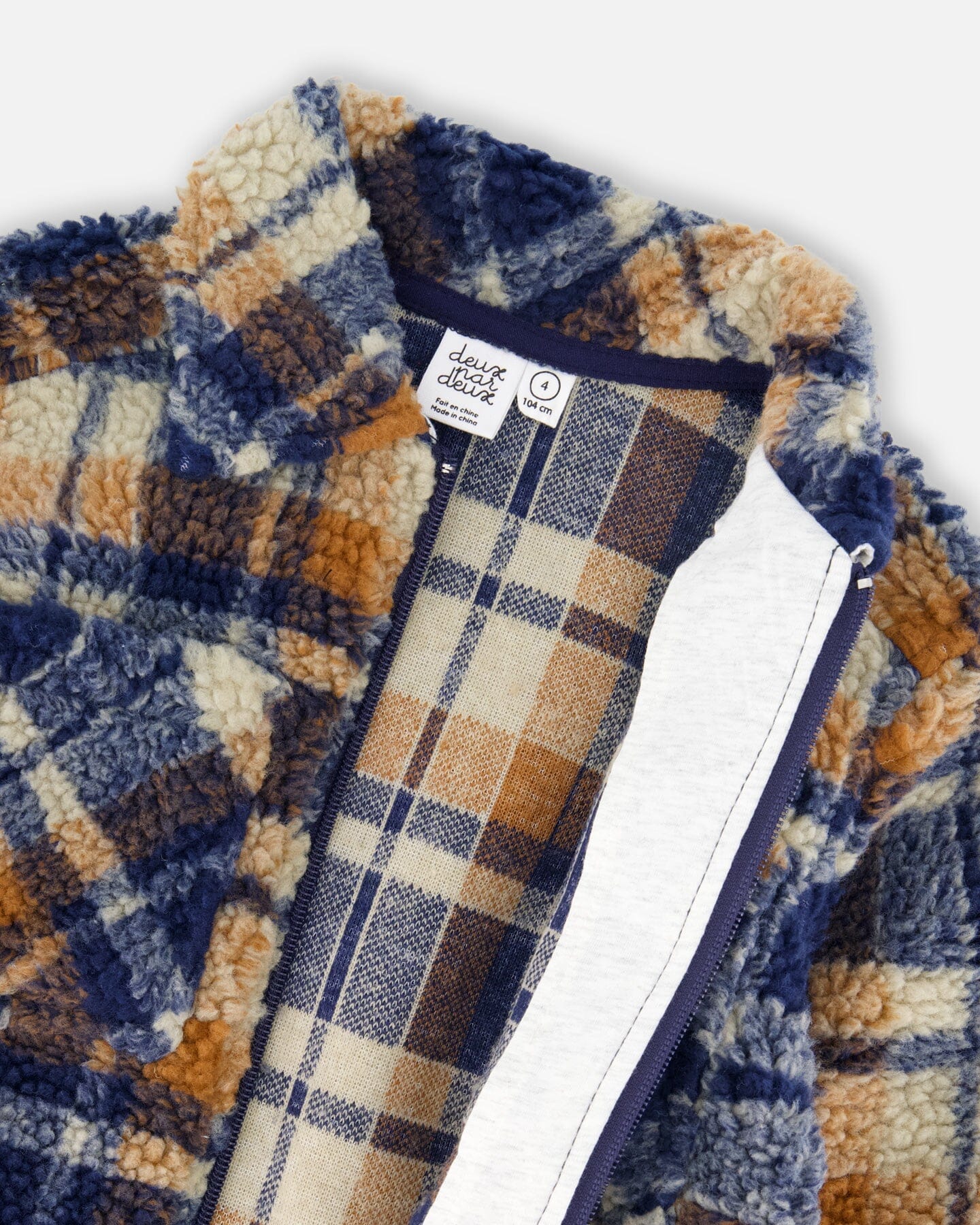 Sherpa Long Sleeve Zip Front Overshirt Blue And Brown Plaid - Deux par Deux