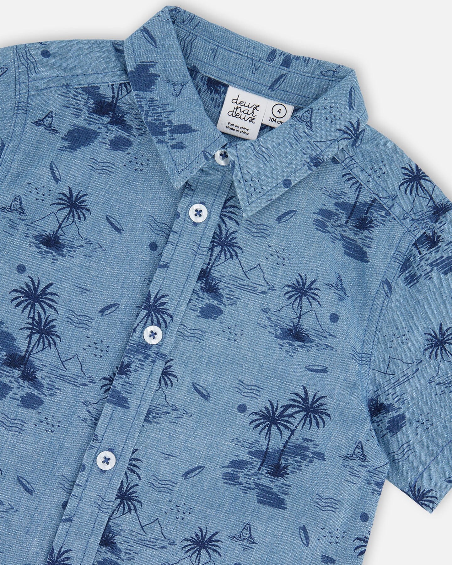 Printed Chambray Short Sleeve Shirt Pale Blue And Navy - Deux par Deux
