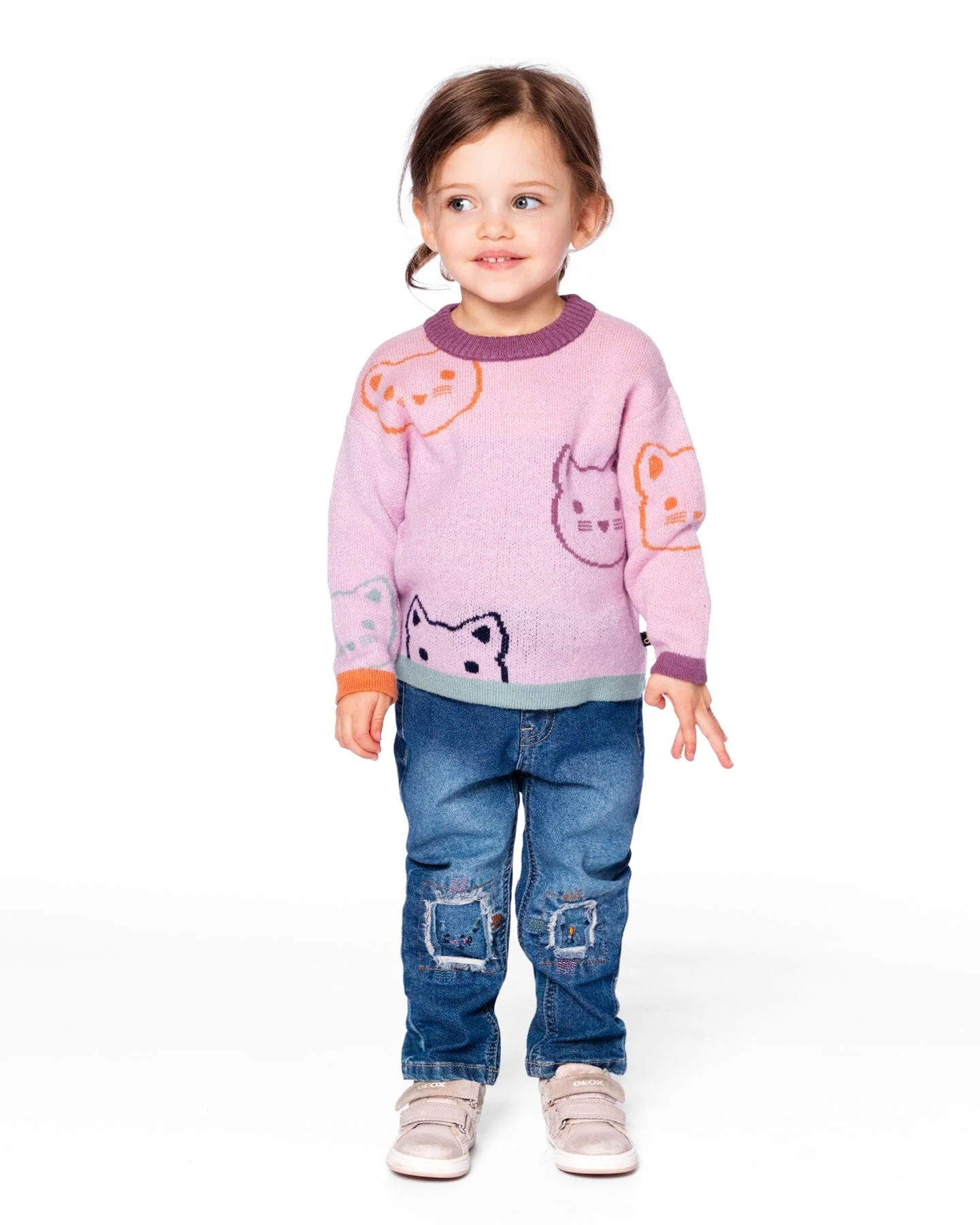Knit Jacquard Sweater Dusty Pink With Cats - Deux par Deux
