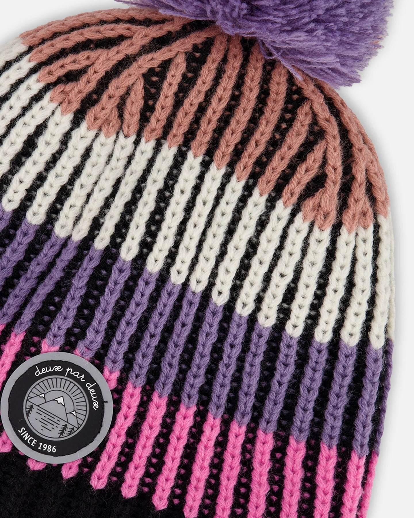 Lined Knit Pompom Hat Pink And Purple And Black - Deux par Deux