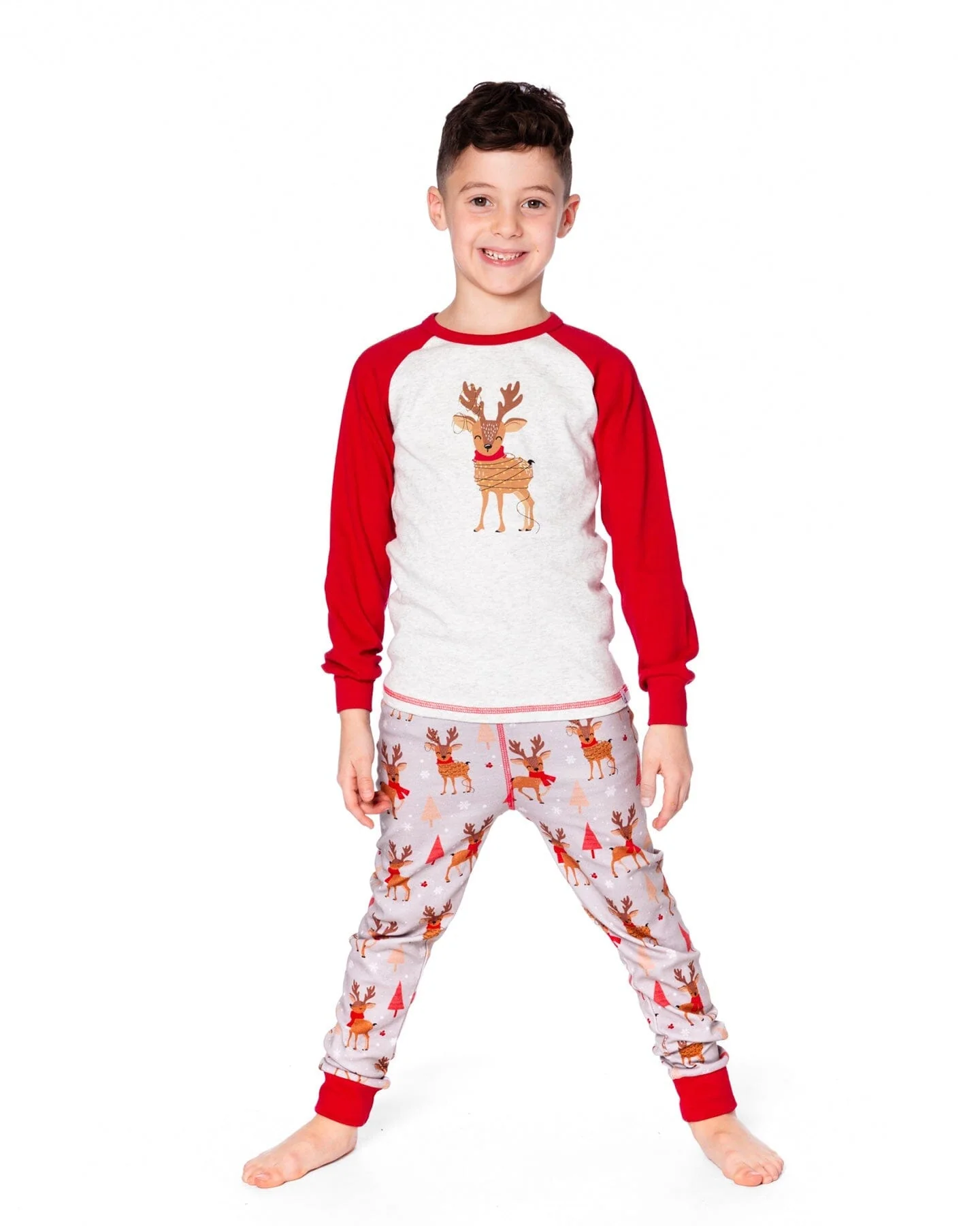 Two-Piece Organic Cotton Pajama Set Beige Reindeer Print - Deux par Deux