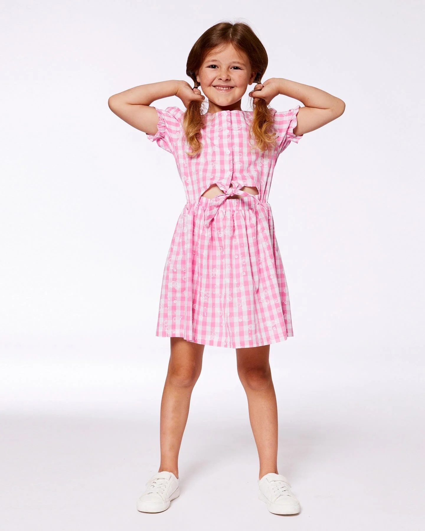 Puff Sleeve Dress With Waist Tie Pink And White Checks - Deux par Deux