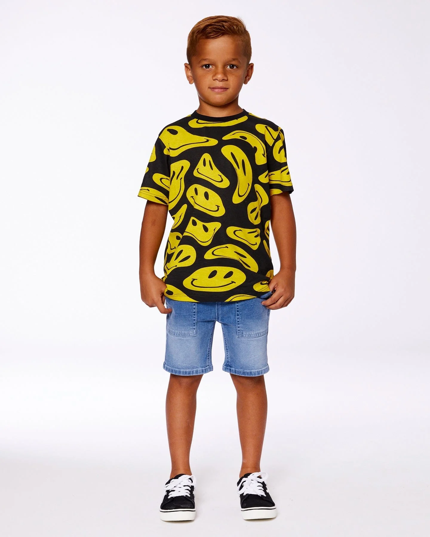 Printed Organic Cotton Tee Black And Yellow Smile - Deux par Deux