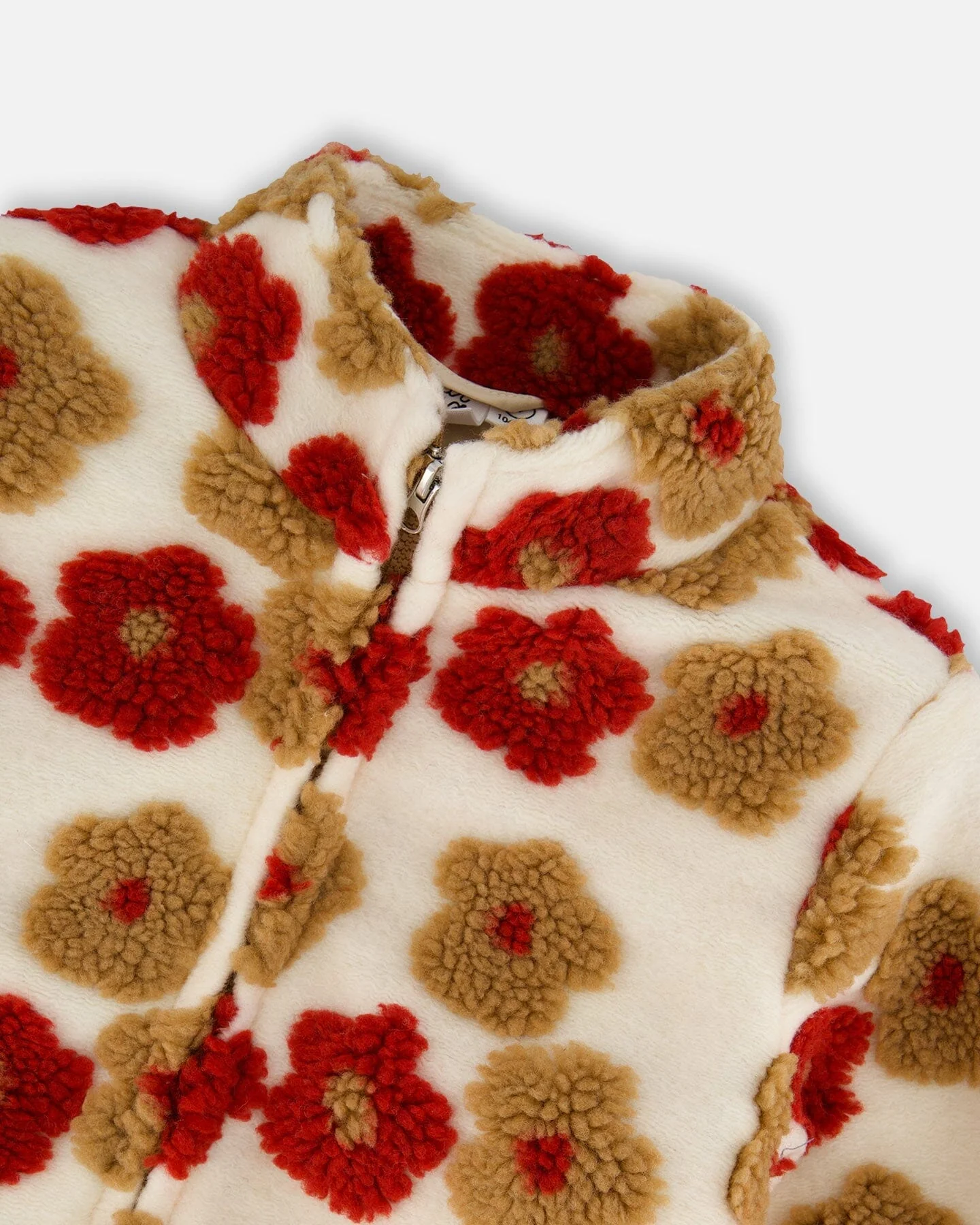 Full Zip Sherpa Jacket With Jacquard Floral Pattern Beige And Red - Deux par Deux