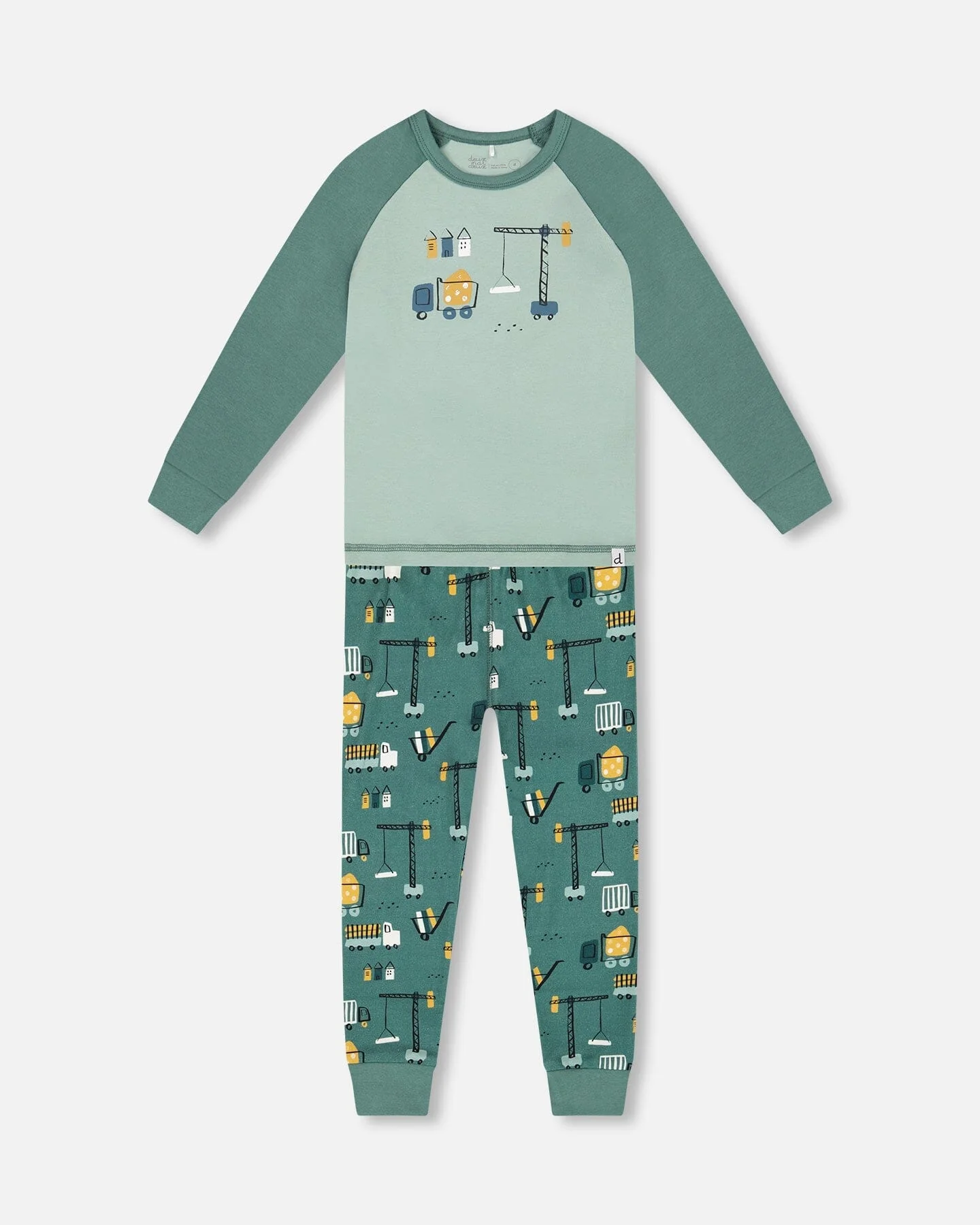 Two-Piece Organic Cotton Pajama Set Teal Construction Print - Deux par Deux