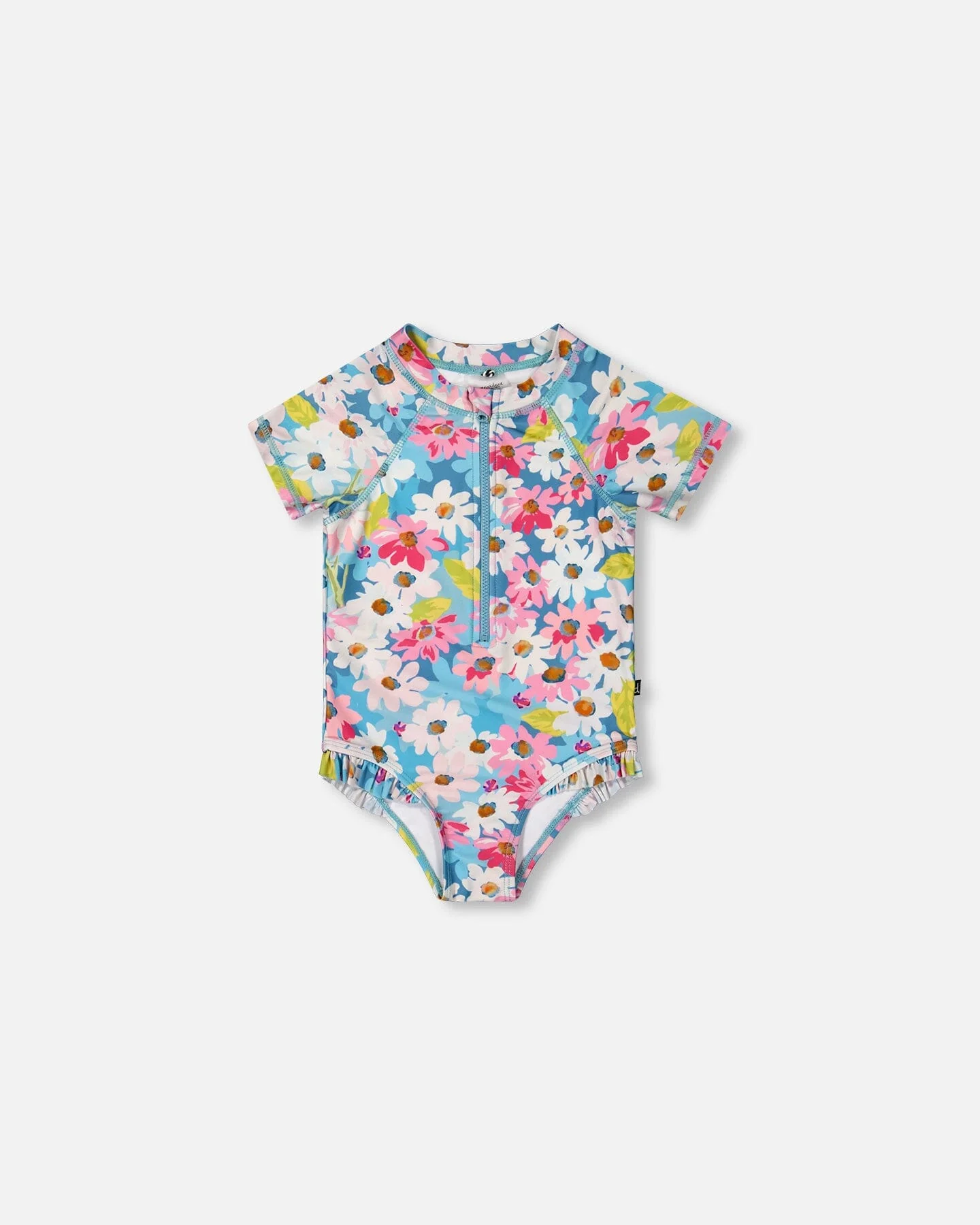 Printed Short Sleeve One-Piece Swimsuit With Frills White, Pink, And Green Flowers - Deux par Deux