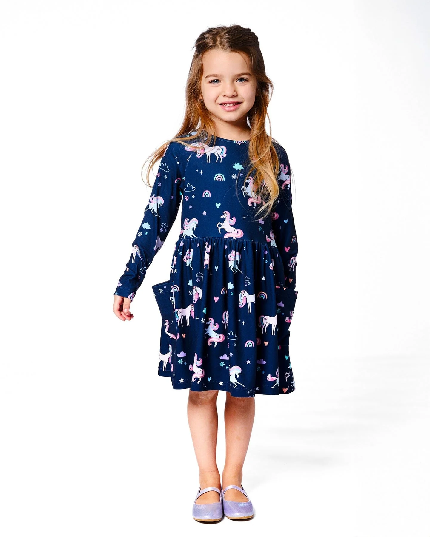 Jersey Dress With Pockets Navy Unicorn Print - Deux par Deux