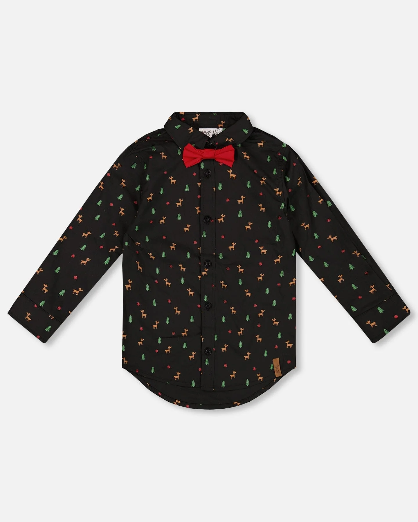 Printed Poplin Shirt Black And Multicolor With Bow Tie - Deux par Deux