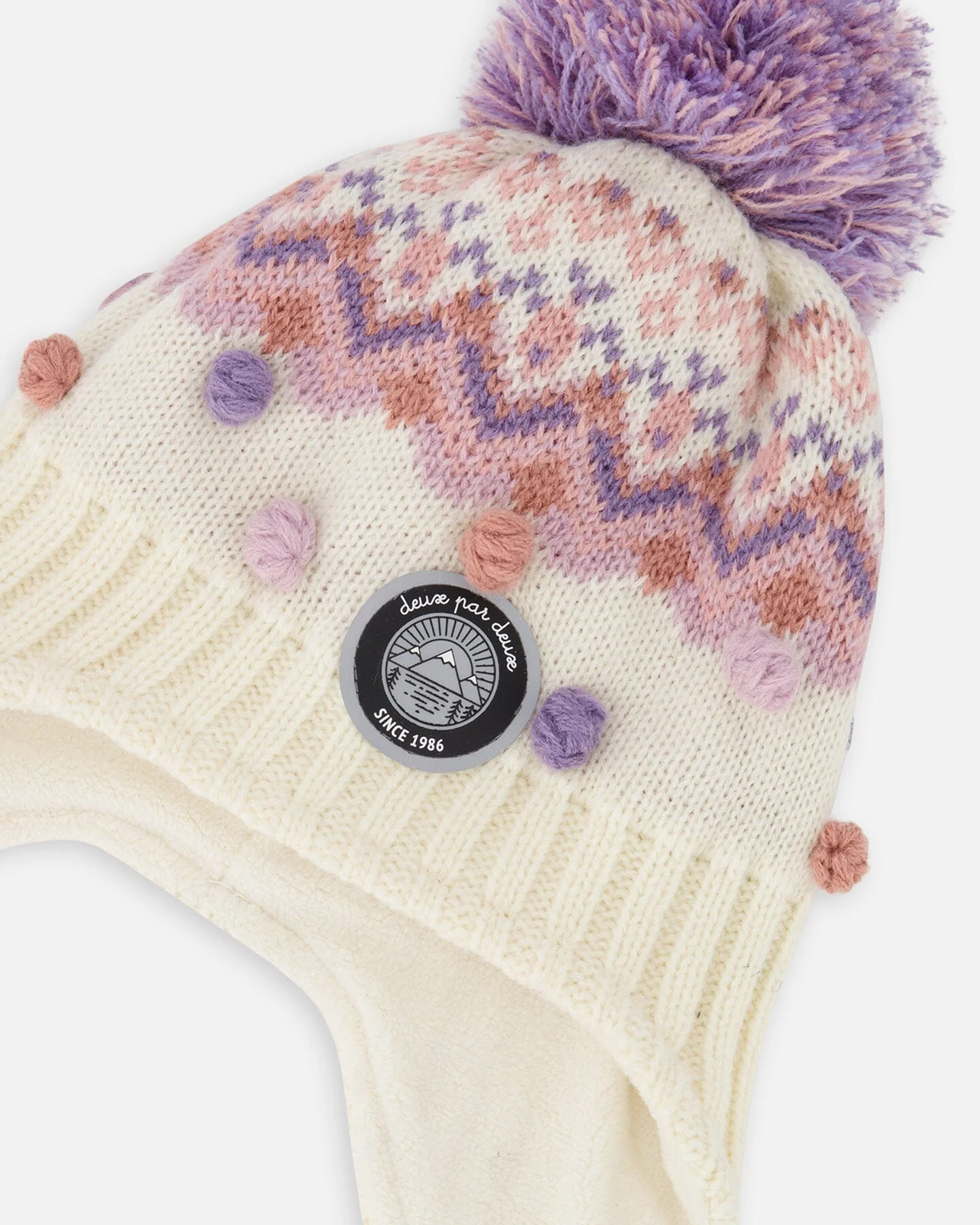 Lined Peruvian Knit Pompom Hat Off-White And Lilac - Deux par Deux
