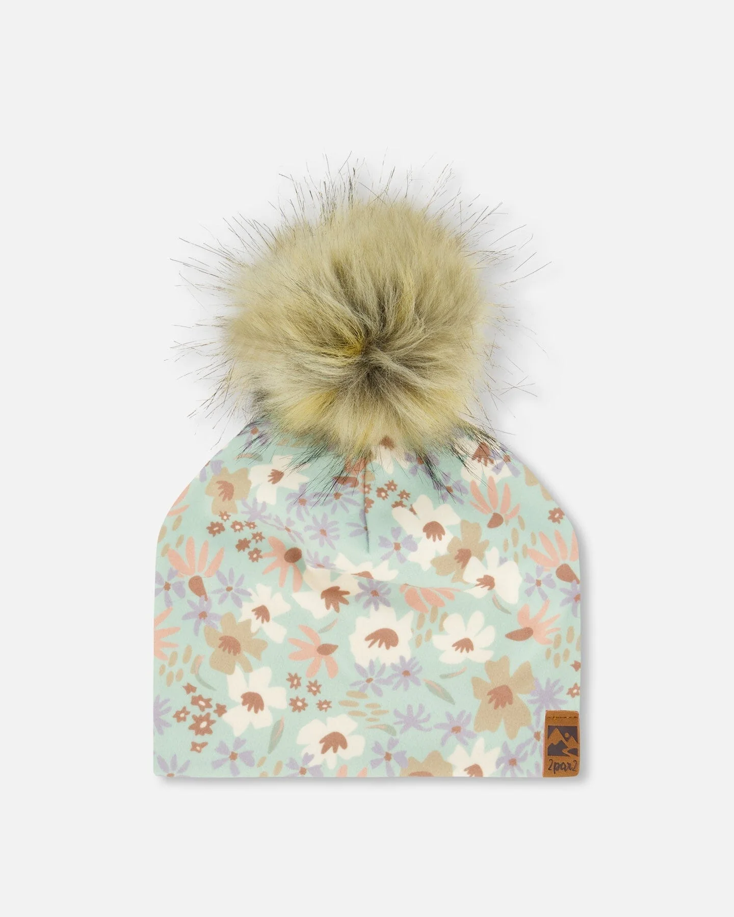 Printed Jersey Detachable Pompom Hat Small White Flowers On Turquoise And Lilac - Deux par Deux