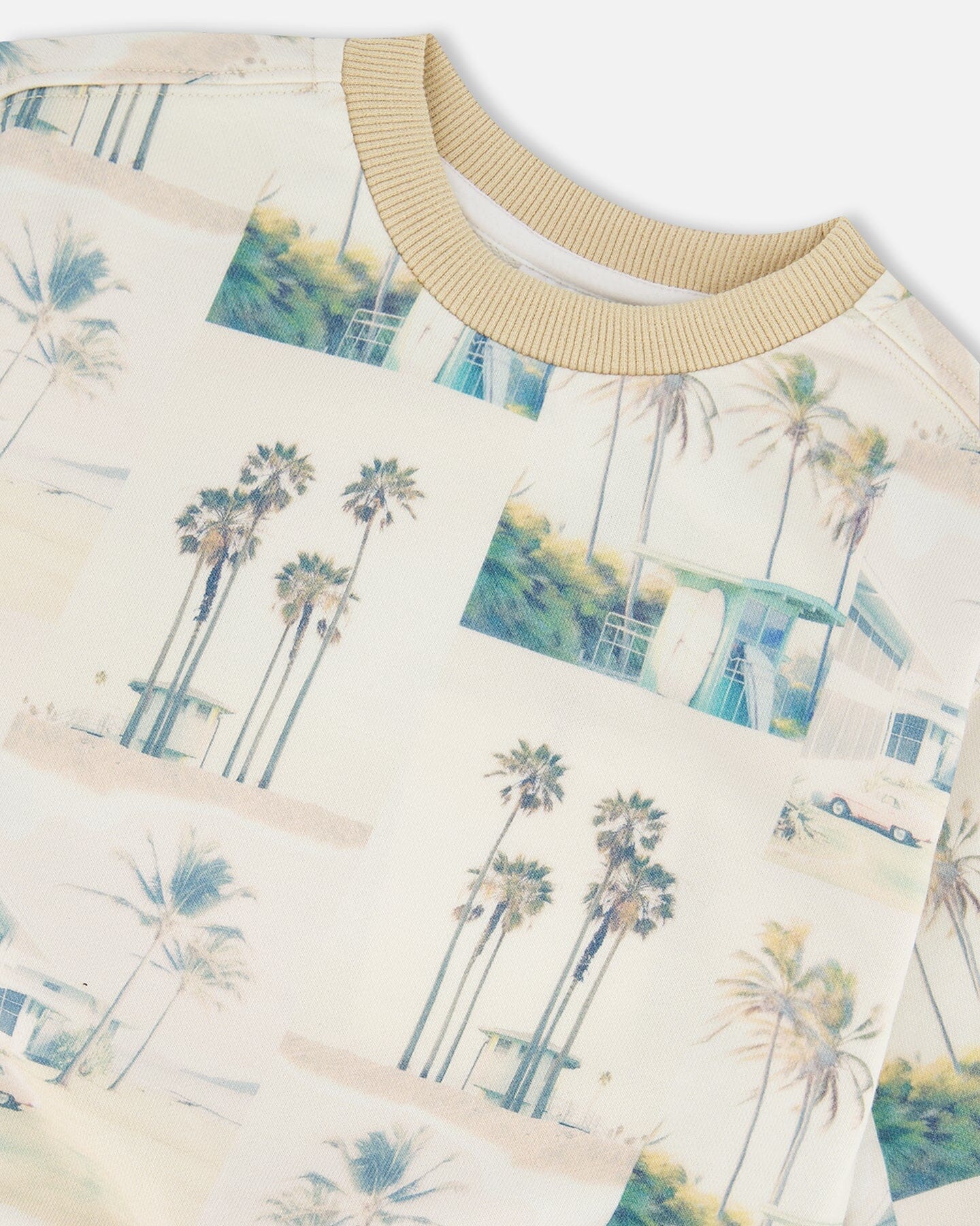 Printed Pullover Sweatshirt Beige Palm Tree And Teal - Deux par Deux